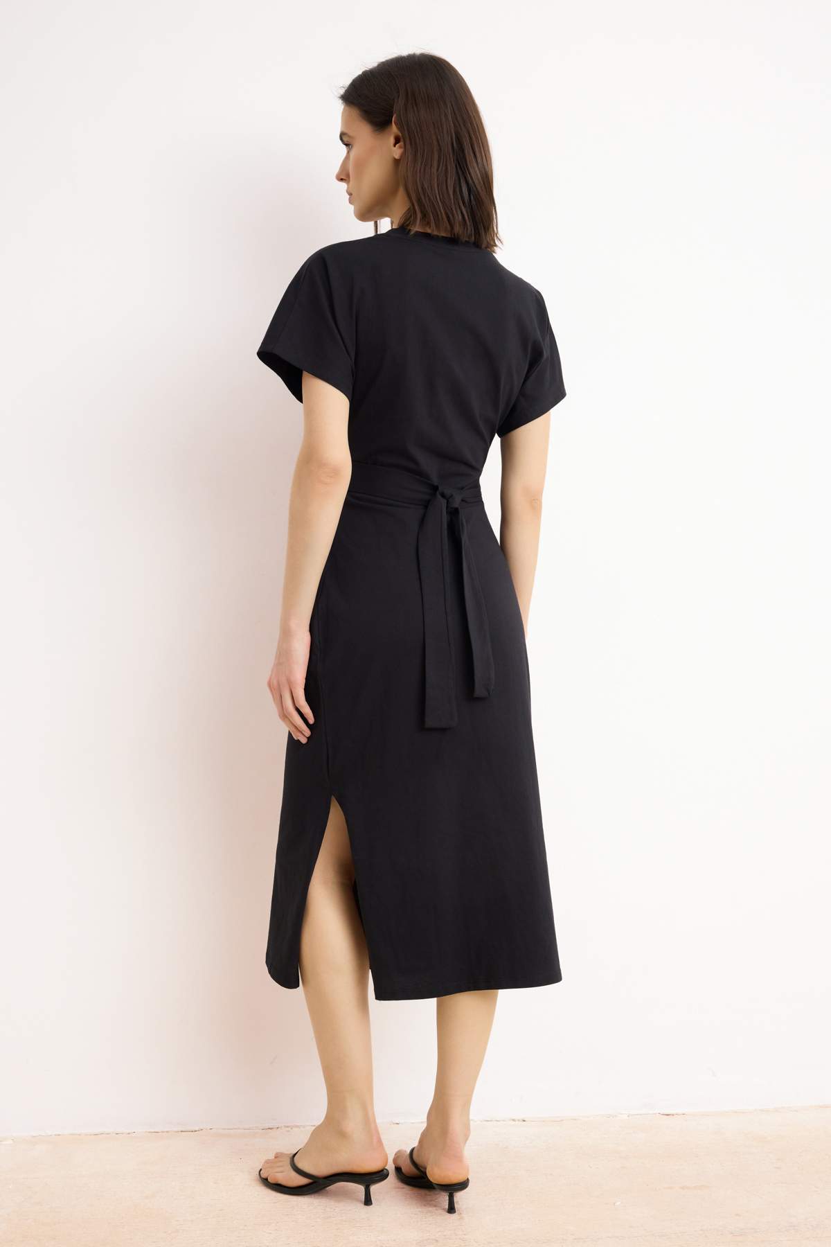 Batwing Sleeve Bodycon Midi Dress with Tie Waist Detail