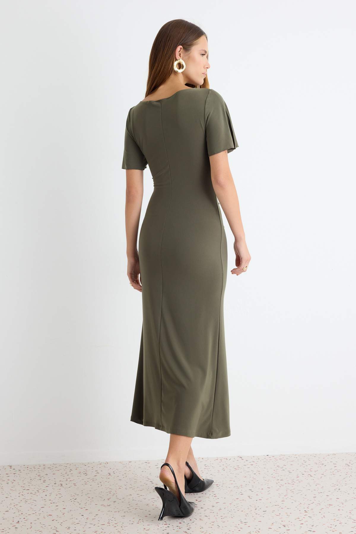 Boat Neck Short Sleeve Ruched Midi Bodycon Dress