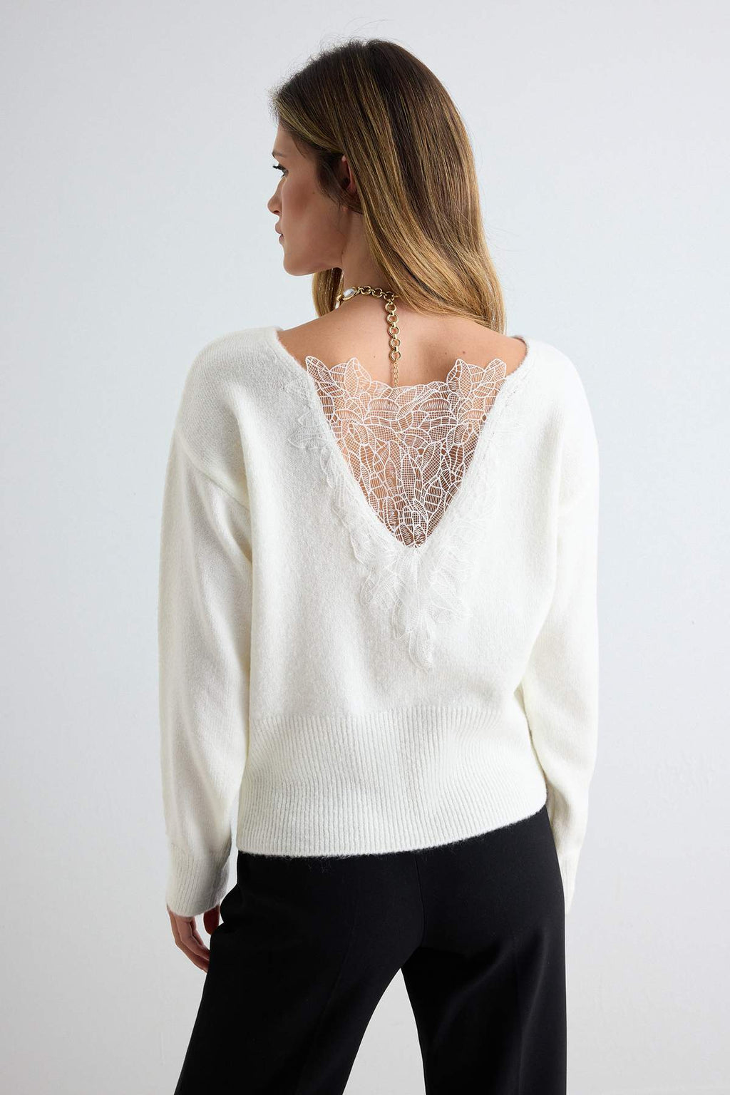Soft Touch Back Lace Detail Boat Neck Long Sleeve Knitwear