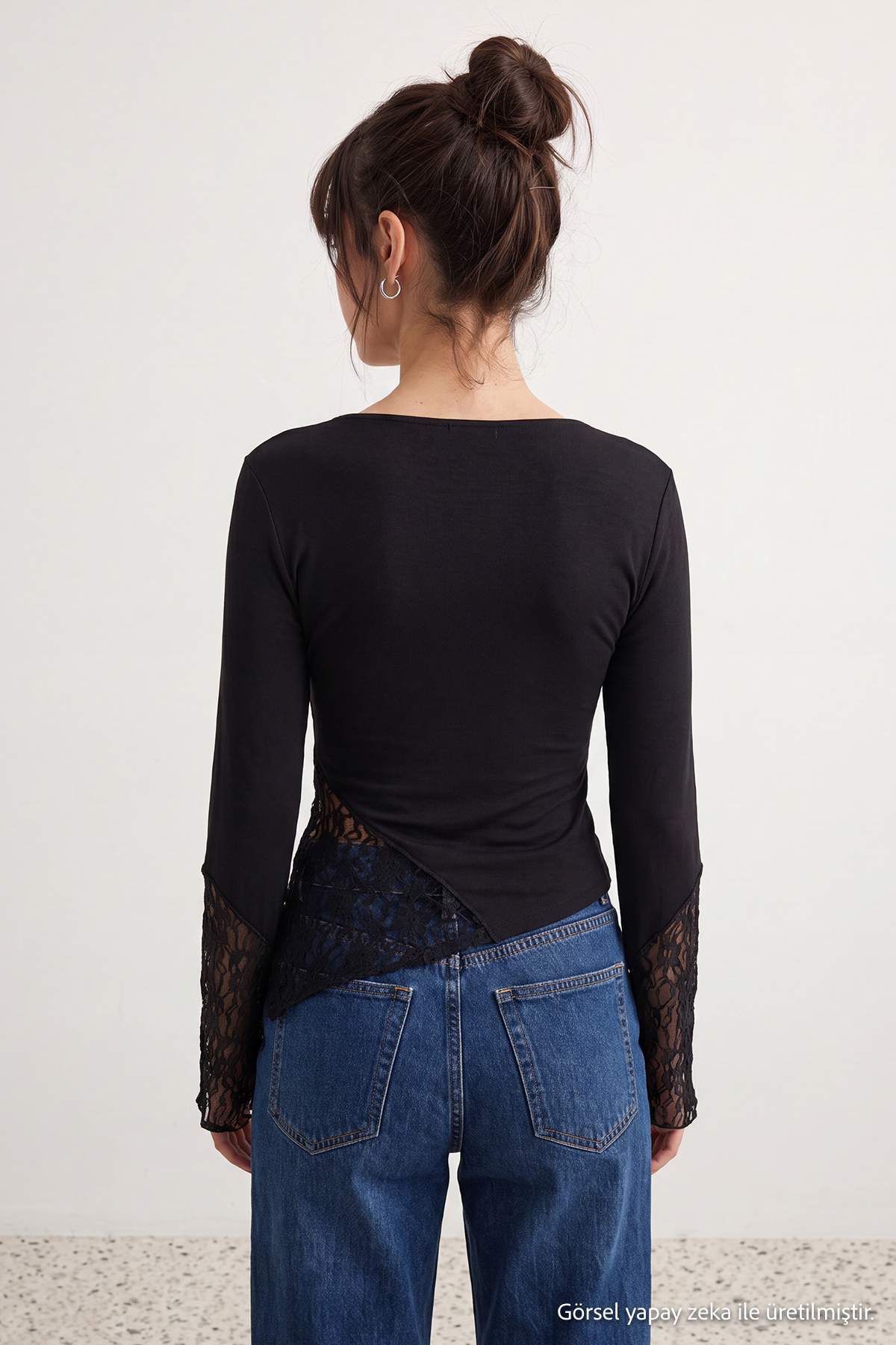 Boat Neck Spanish Sleeve Lace Detail Fitted Blouse