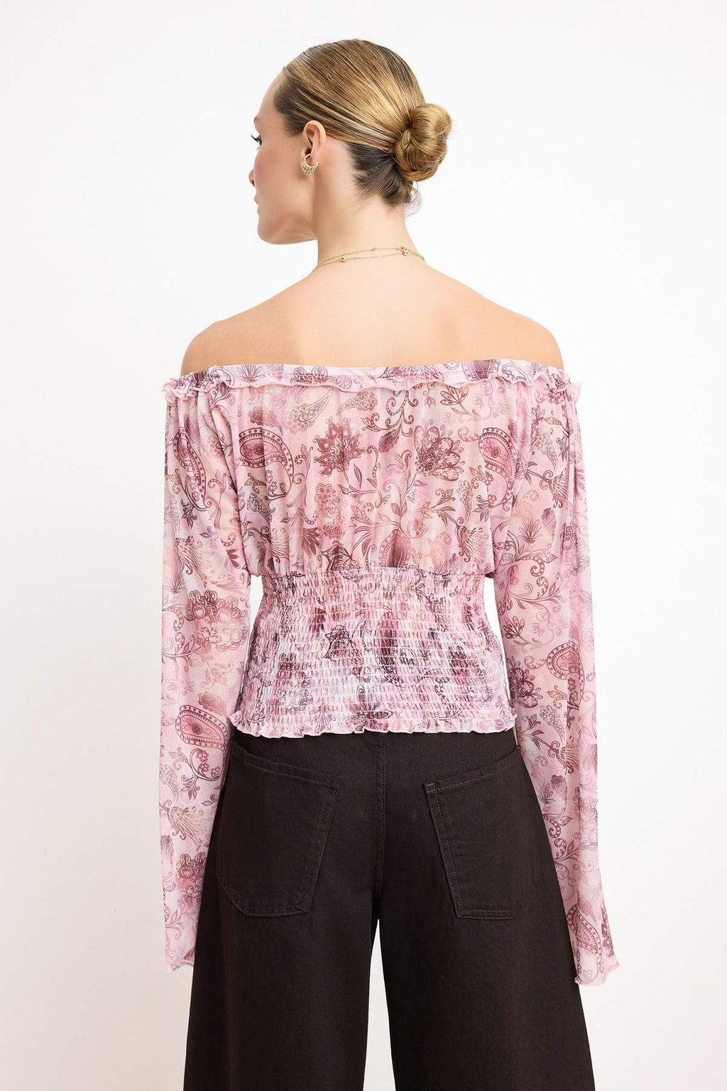 Pool Neck Spanish Sleeve Gathered Crop Mesh Top