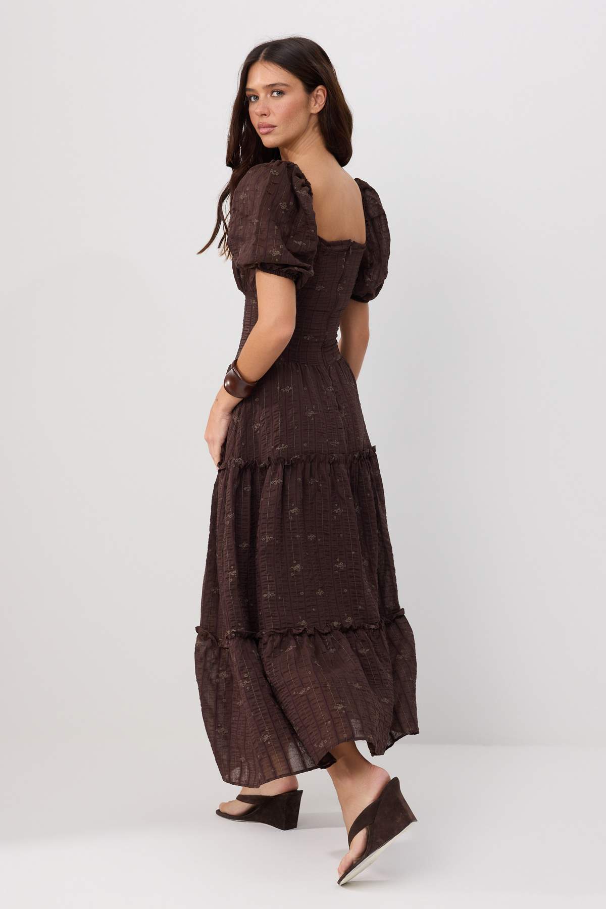 Square Neck Short Sleeve Embroidered Maxi Skater Dress