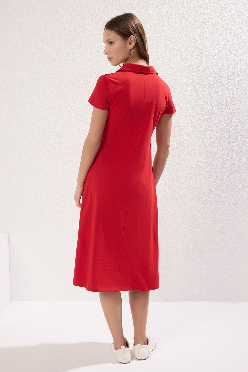 Polo Neck Short Sleeve Skater Midi Dress