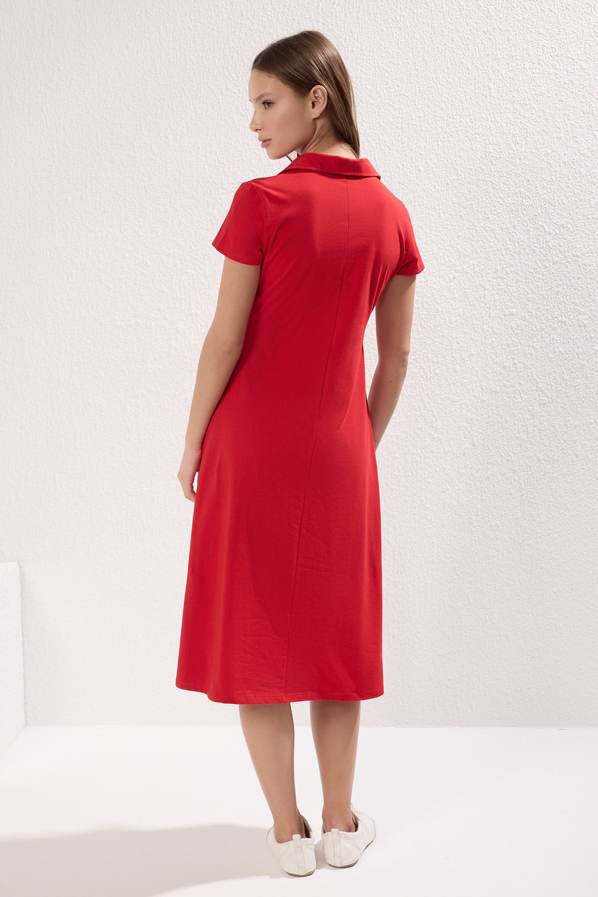 Polo Neck Short Sleeve Skater Midi Dress