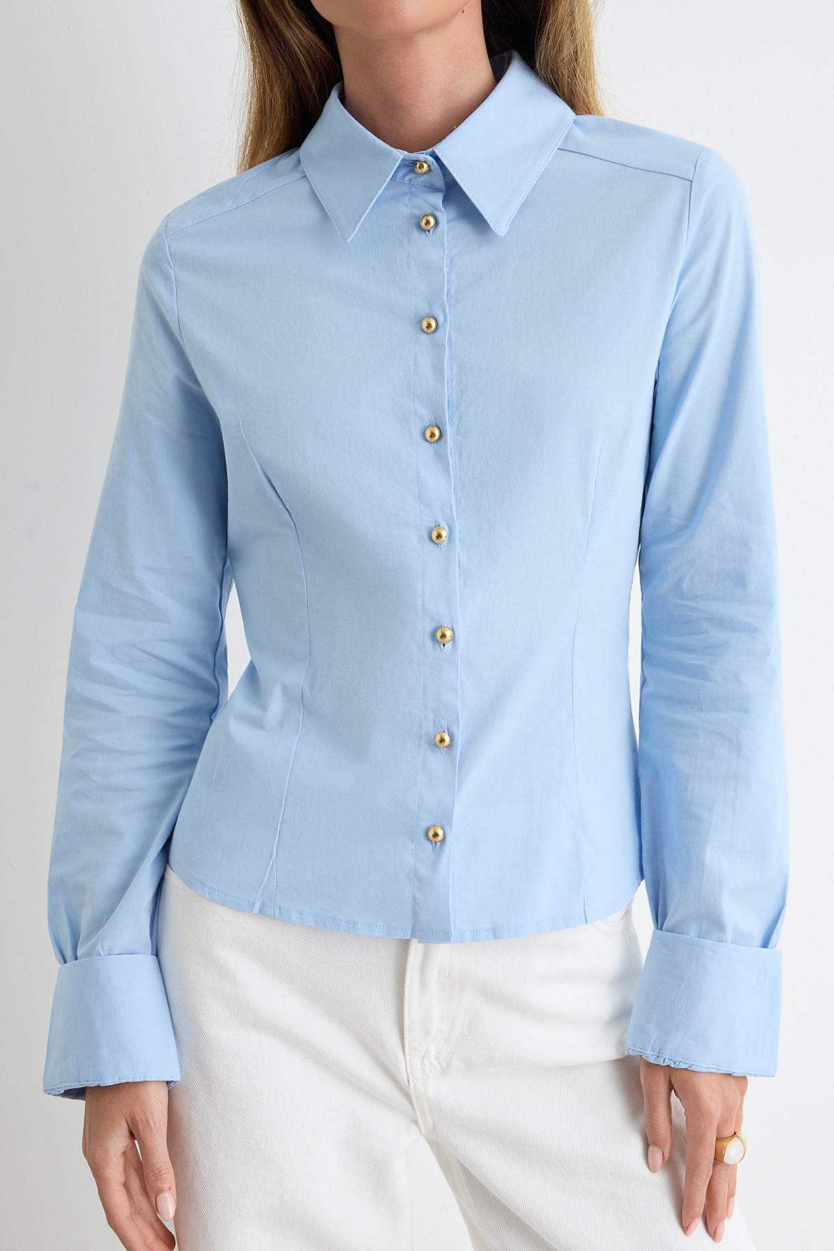 Gold Button Detail Fitted Long Sleeve Shirt