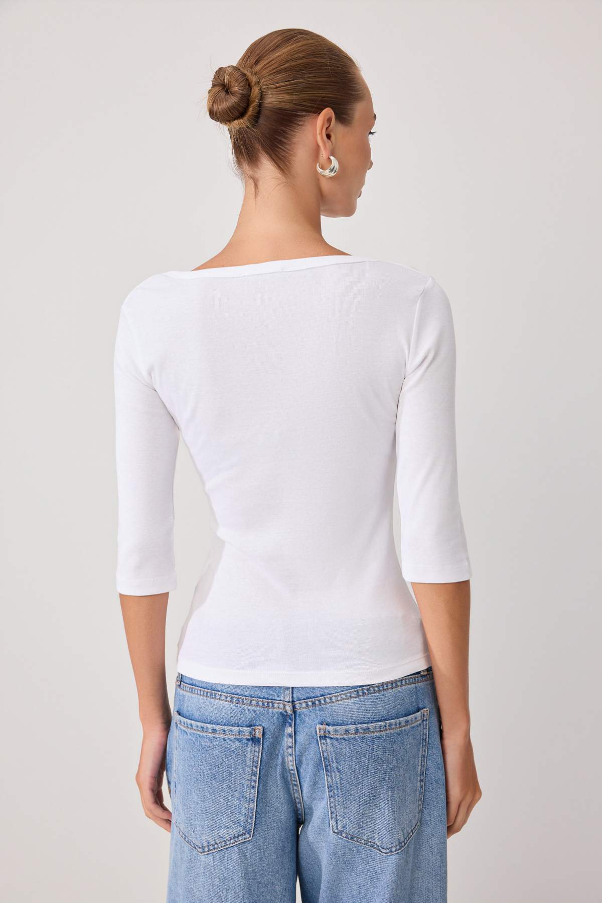 Fitted V Neck Button Front Ribbed Long Sleeve Blouse