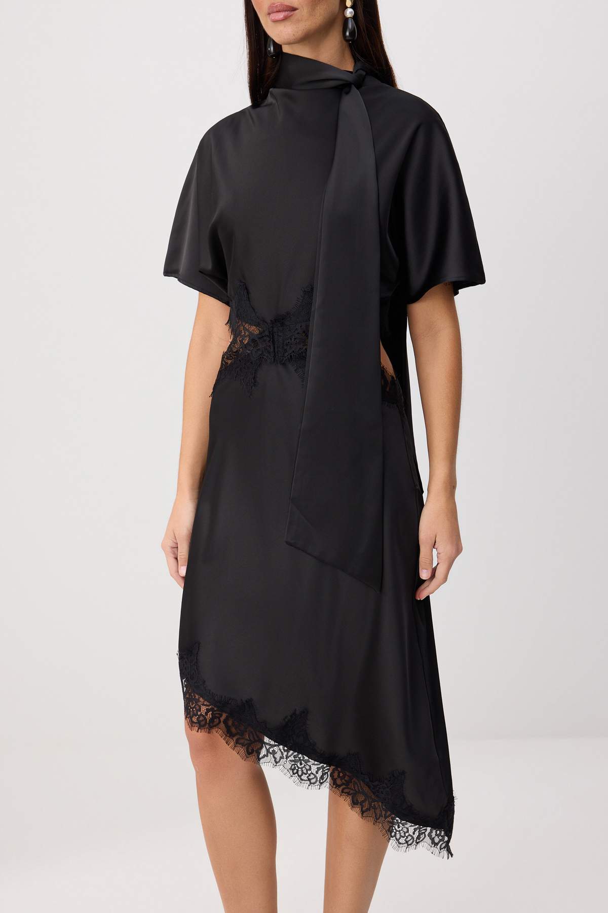 Lace Detail Asymmetric Hem Midi Satin Dress