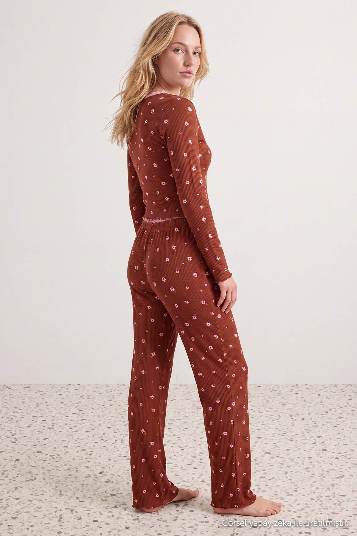 V Neck Long Sleeve Ribbed Pyjama Set
