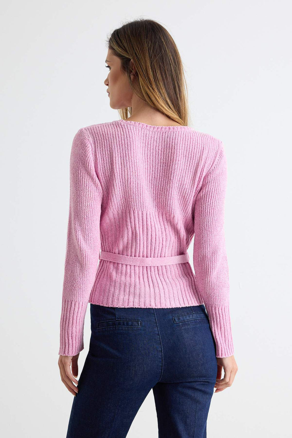 Chenille Long Sleeve Belted Knitted Sweater