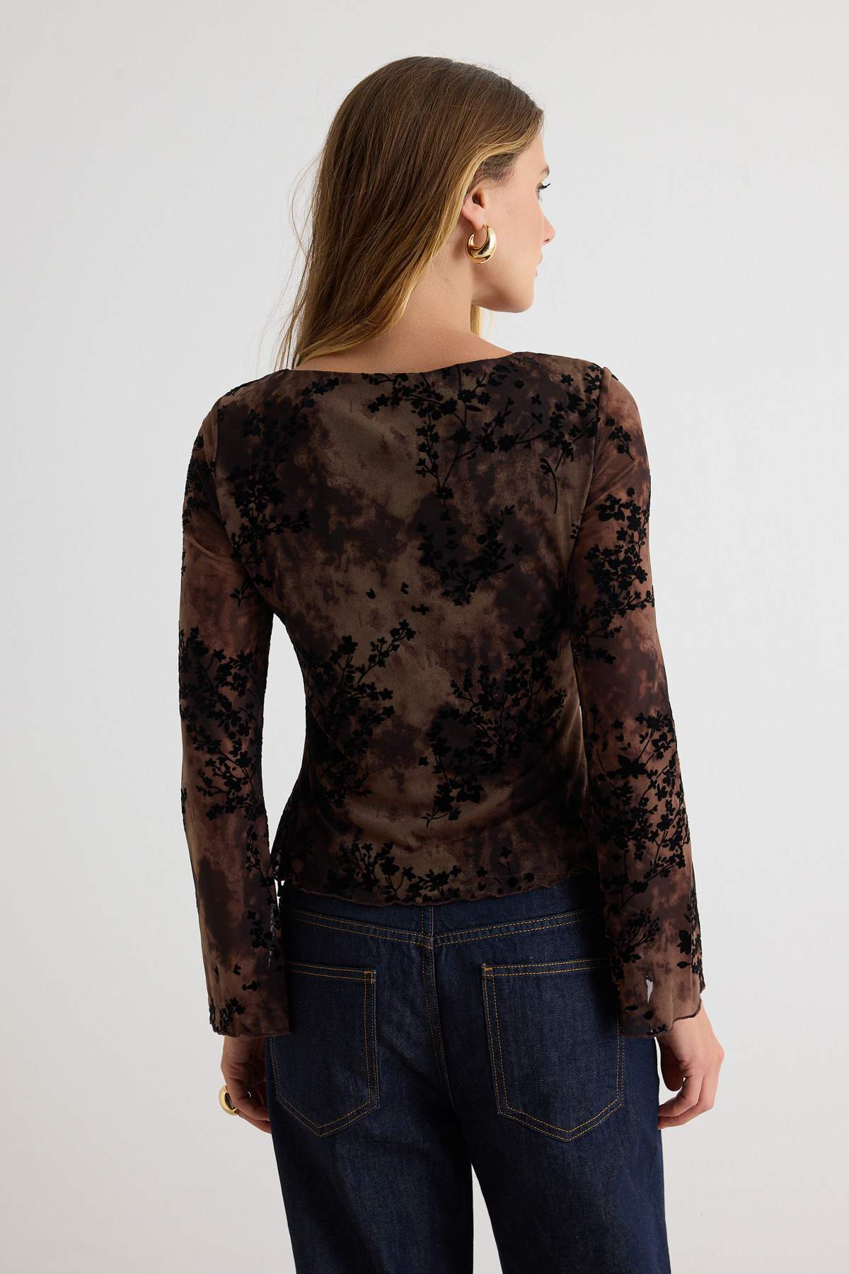 Square Neck Spanish Sleeve Fitted Mesh Blouse