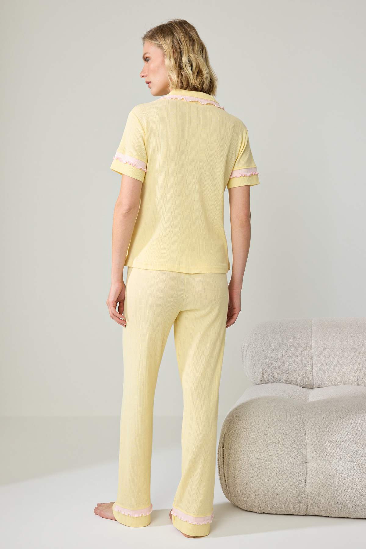 Shirt Collar Long Sleeve Frill Detail Pyjama Set