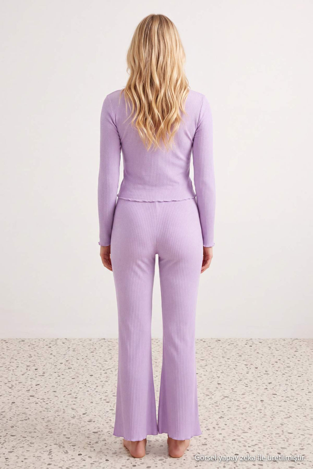 V Neck Long Sleeve Lace Detail Ribbed Pyjama Set
