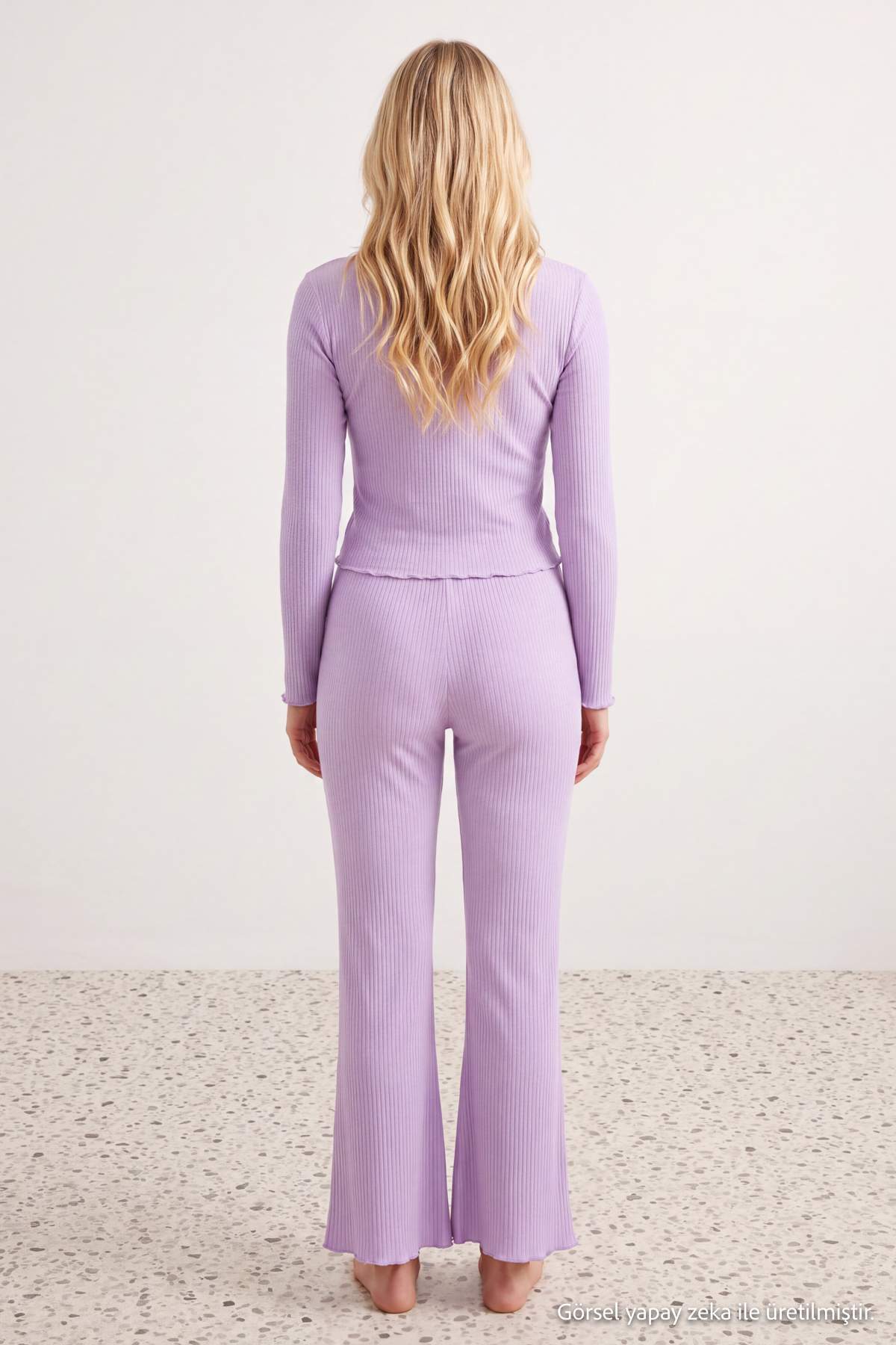 V Neck Long Sleeve Lace Detail Ribbed Pyjama Set