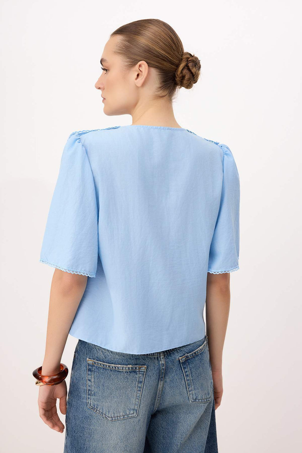 V Neck Tie Front Frill Detail Long Sleeve Blouse