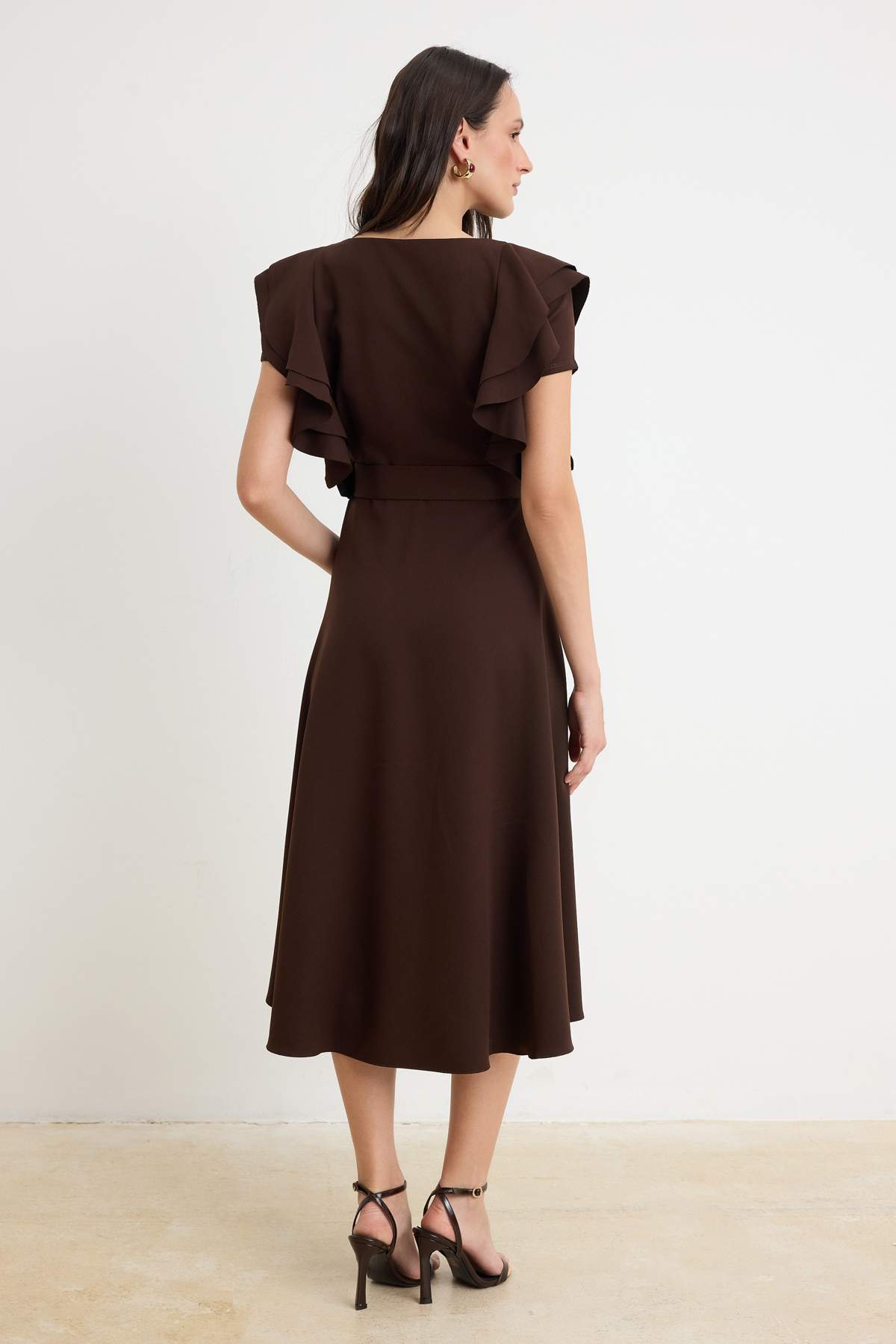 Belted Balloon Sleeve Midi Skater Dress