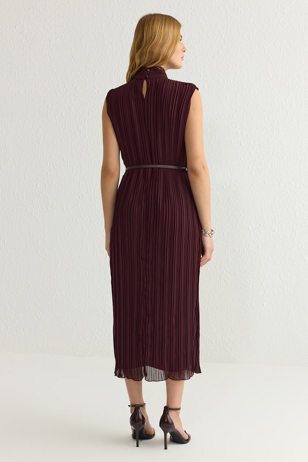 High Neck Sleeveless Belted Pleated Midi Dress