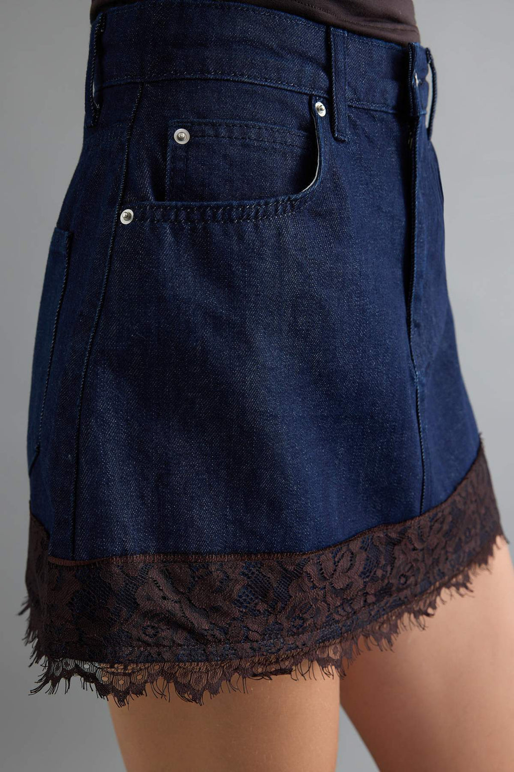 Lace Detail High Waist Mini Denim Skirt