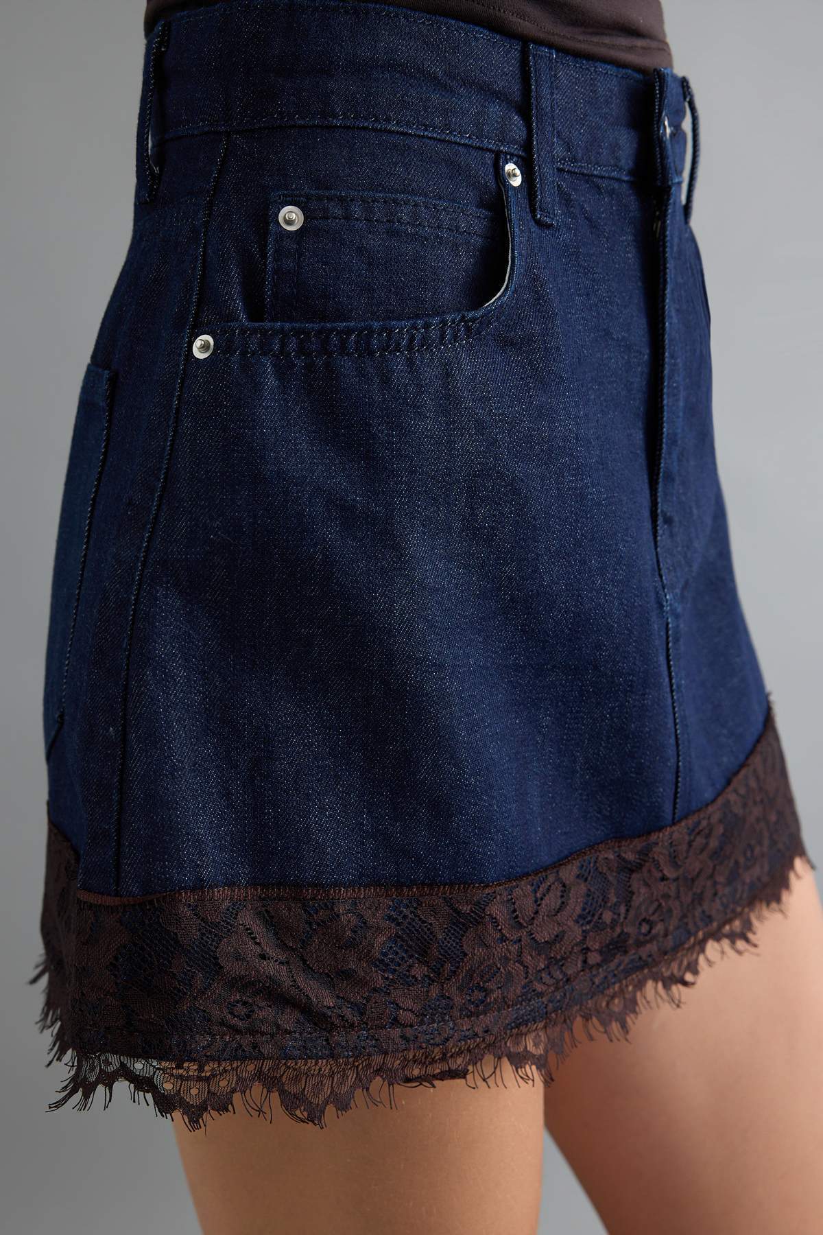Lace Detail High Waist Mini Denim Skirt