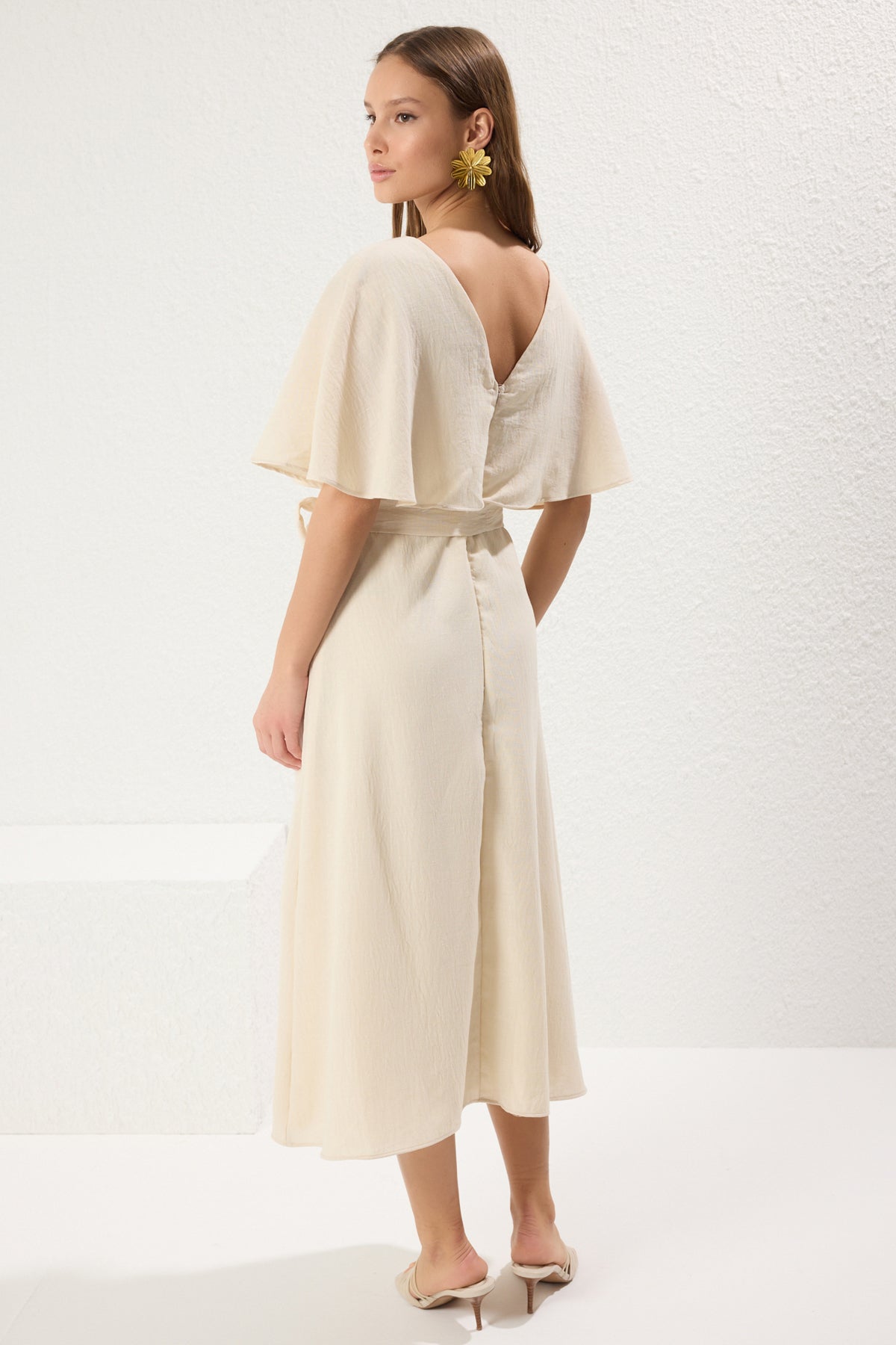 A-Line Wrap Neckline Cape Lined Midi Dress
