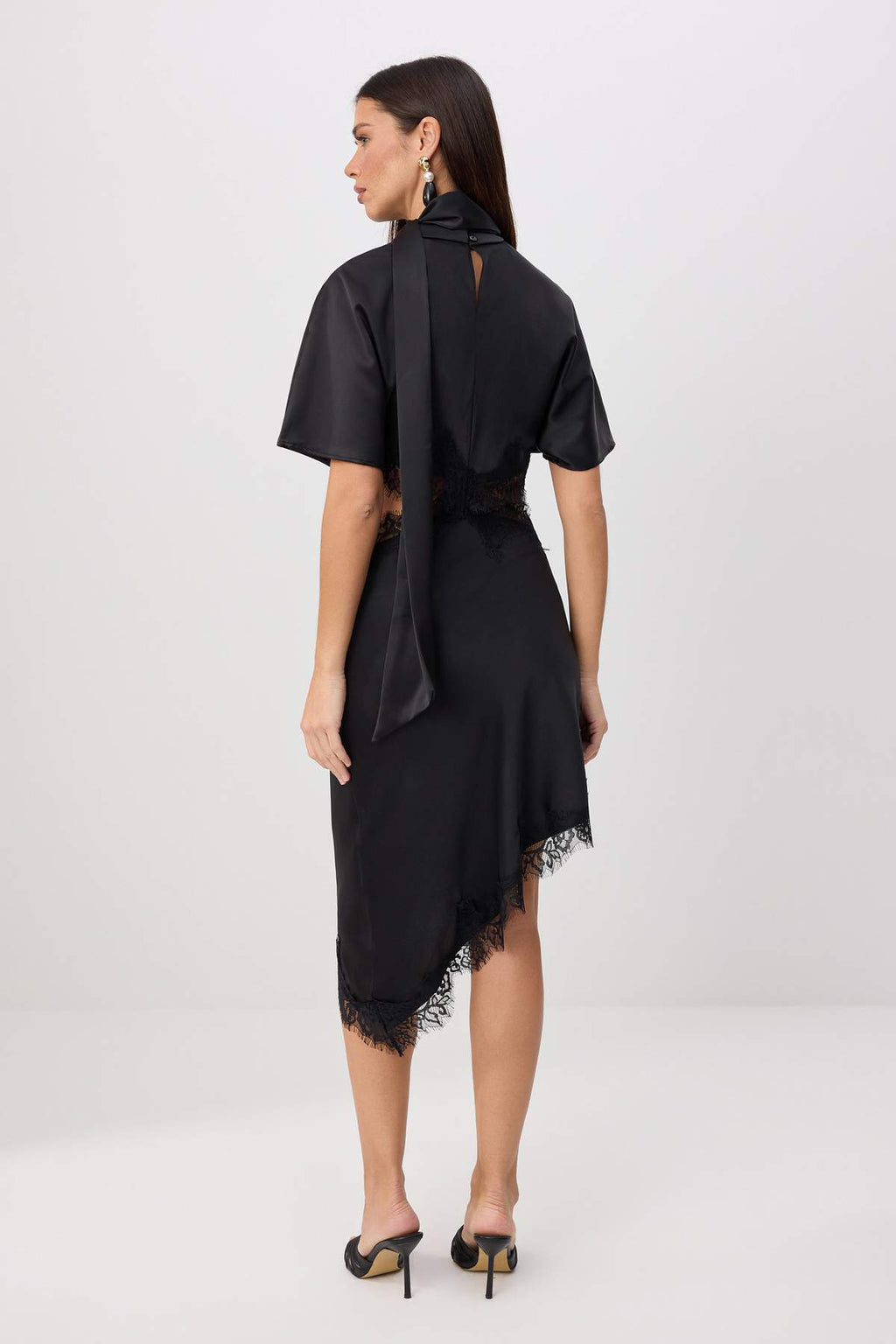 Lace Detail Asymmetric Hem Midi Satin Dress