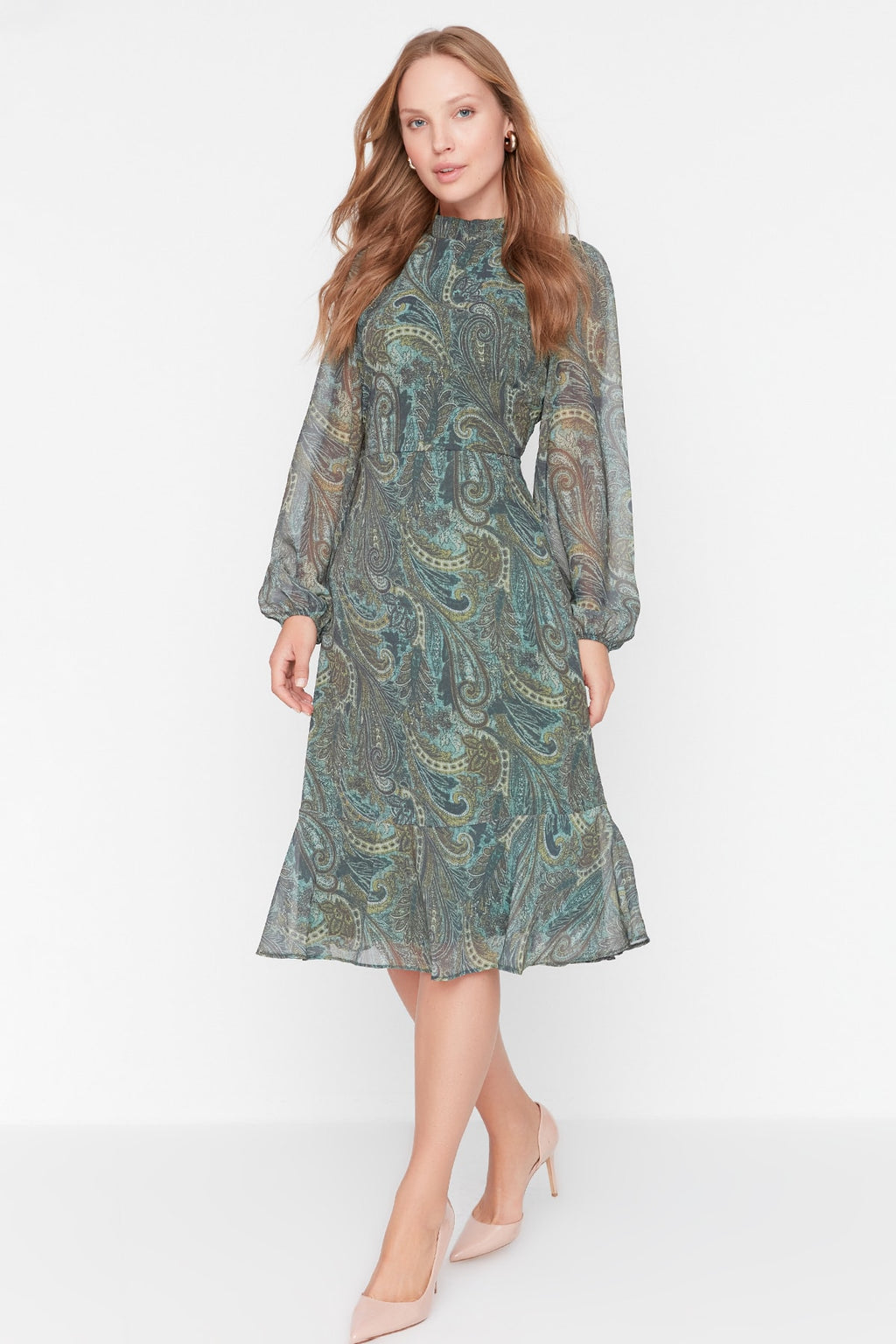 High Neck Long Sleeve Tiered Midi Dress