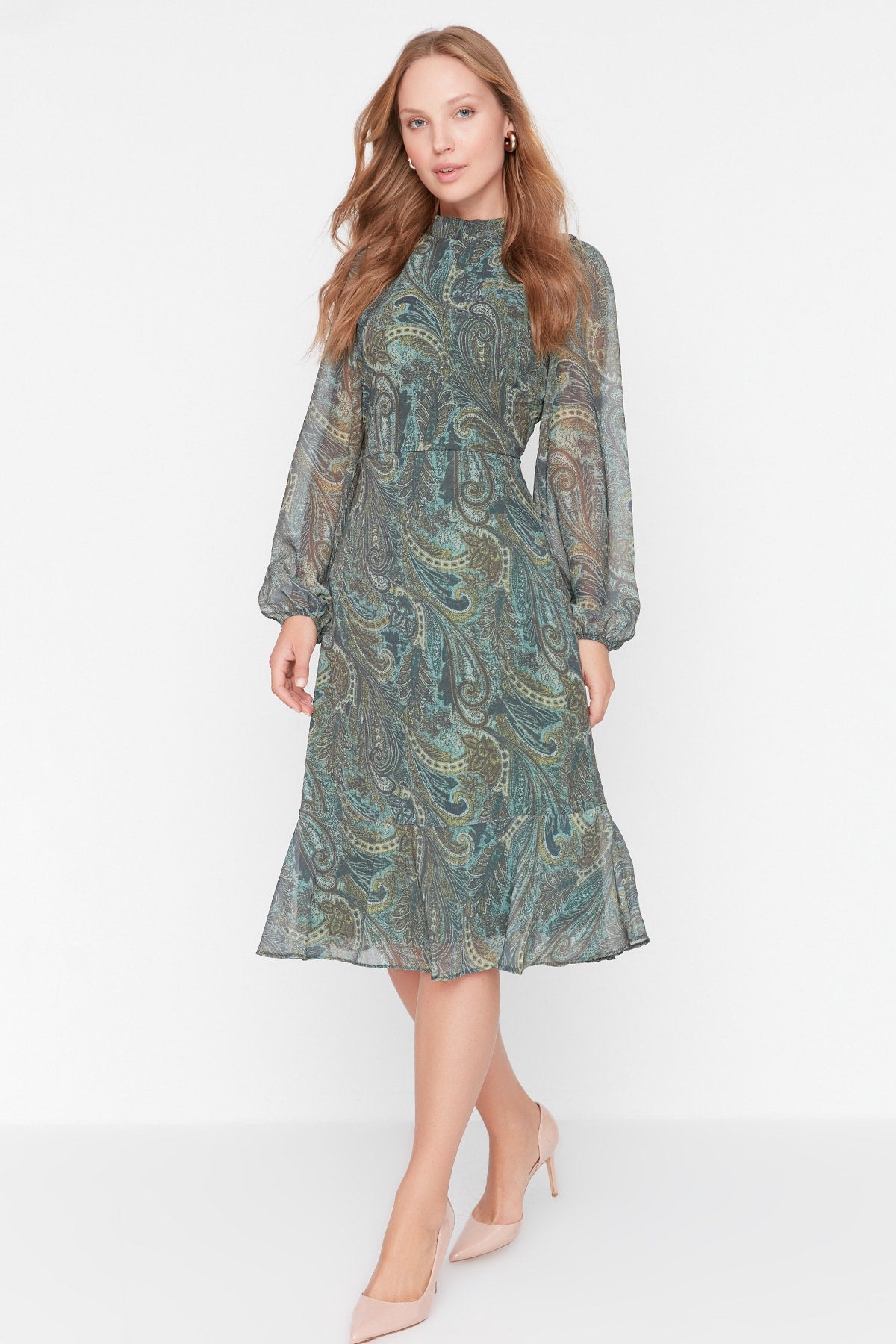 High Neck Long Sleeve Tiered Midi Dress