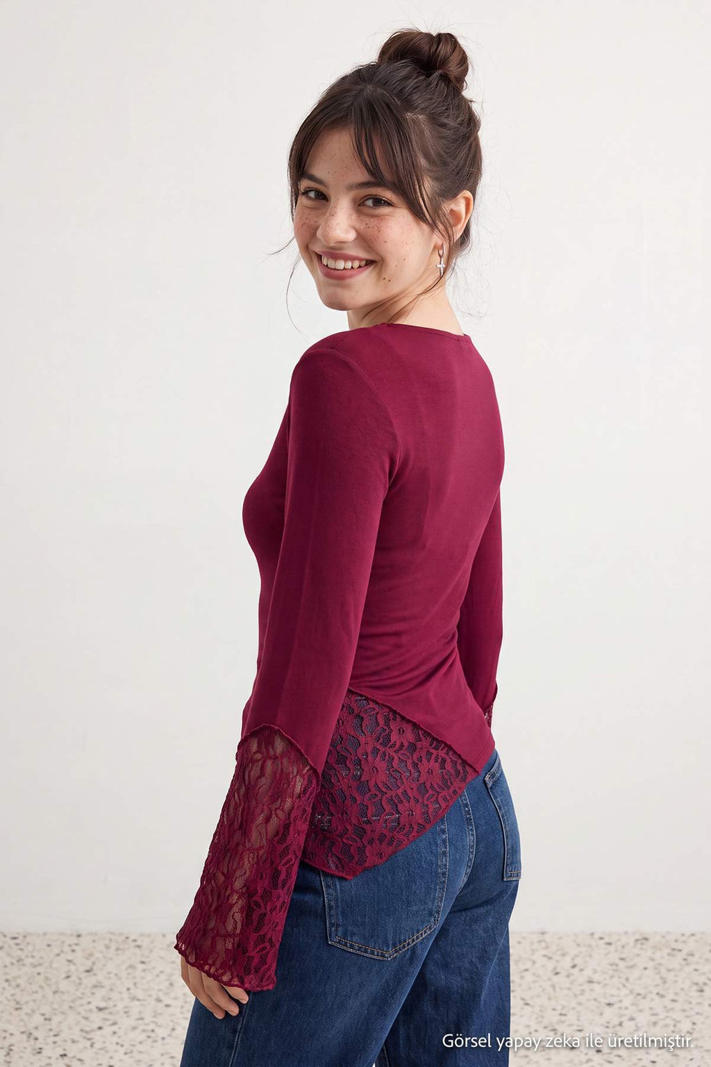 Boat Neck Spanish Sleeve Lace Detail Fitted Blouse
