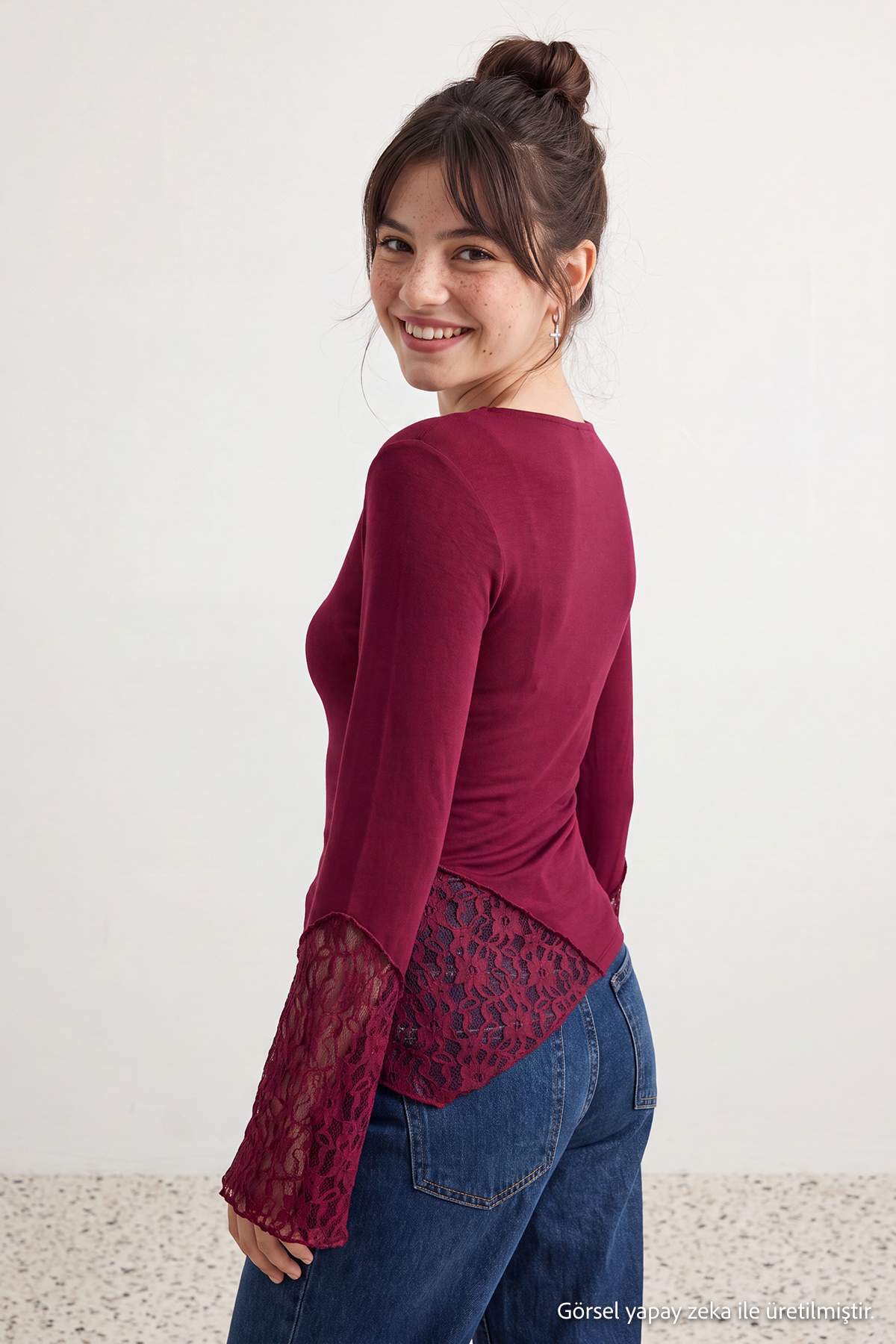 Boat Neck Spanish Sleeve Lace Detail Fitted Blouse