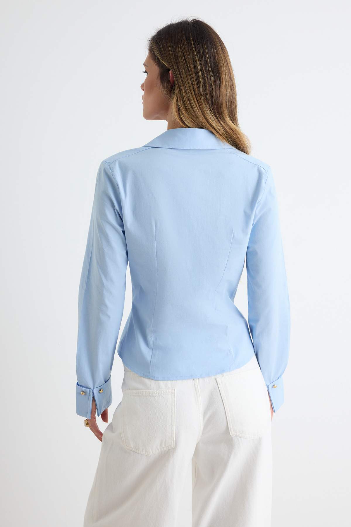Gold Button Detail Fitted Long Sleeve Shirt