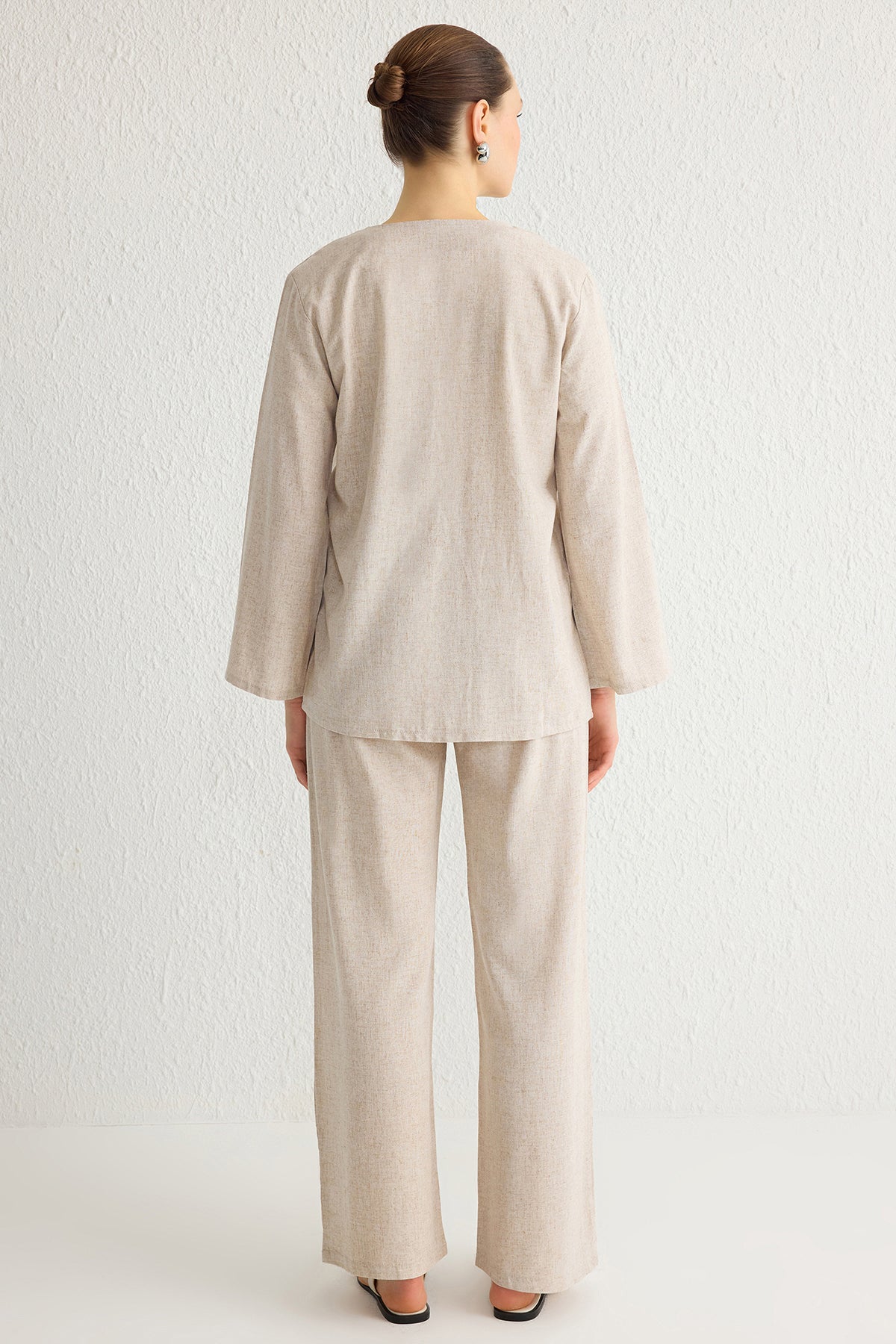 2-Piece Linen Look Tie Detail Top and Wide Leg Trouser Co-ord Set