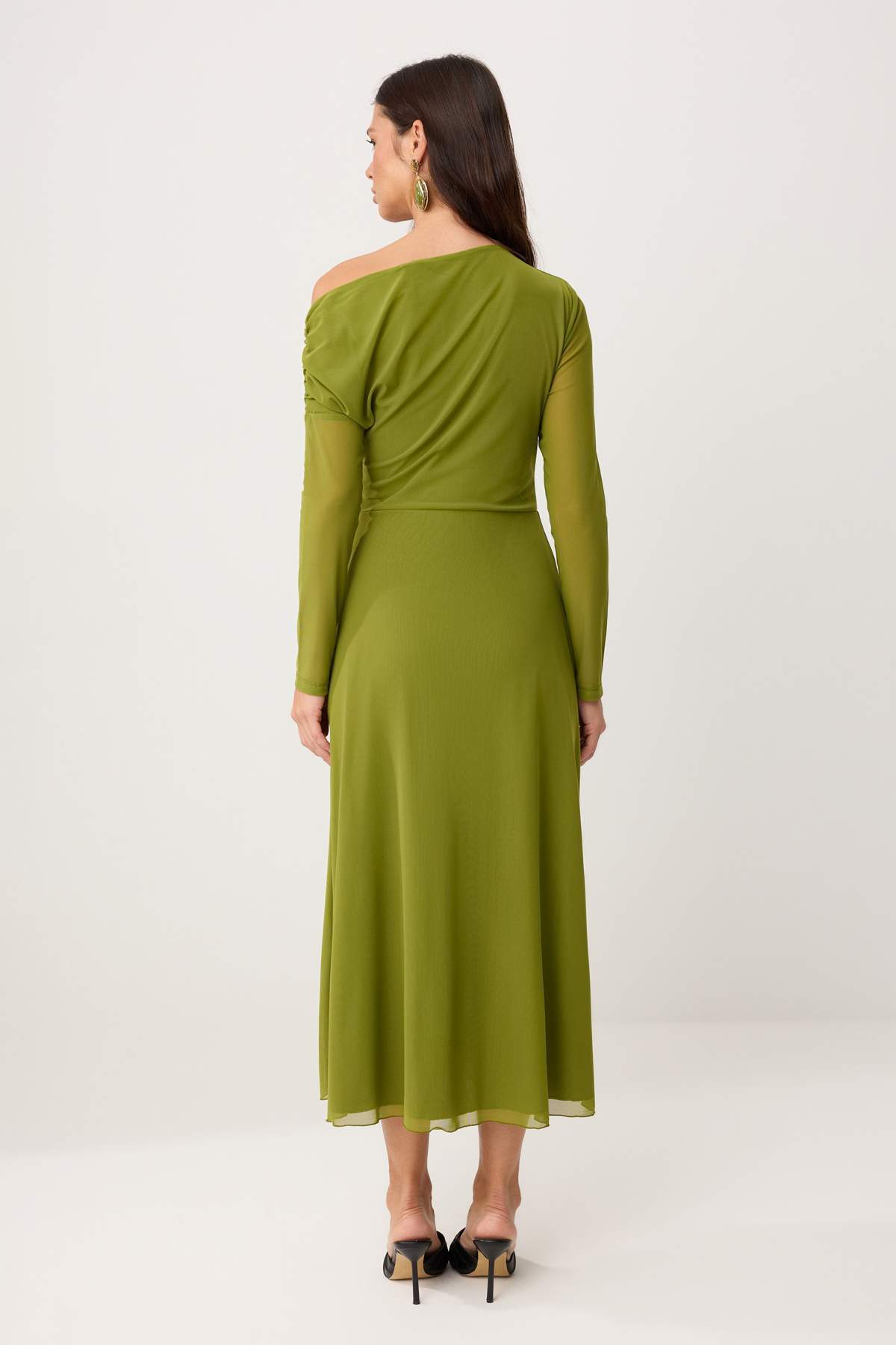 Asymmetric Neck Accessory Detail Tulle Overlay Long Sleeve Maxi Dress