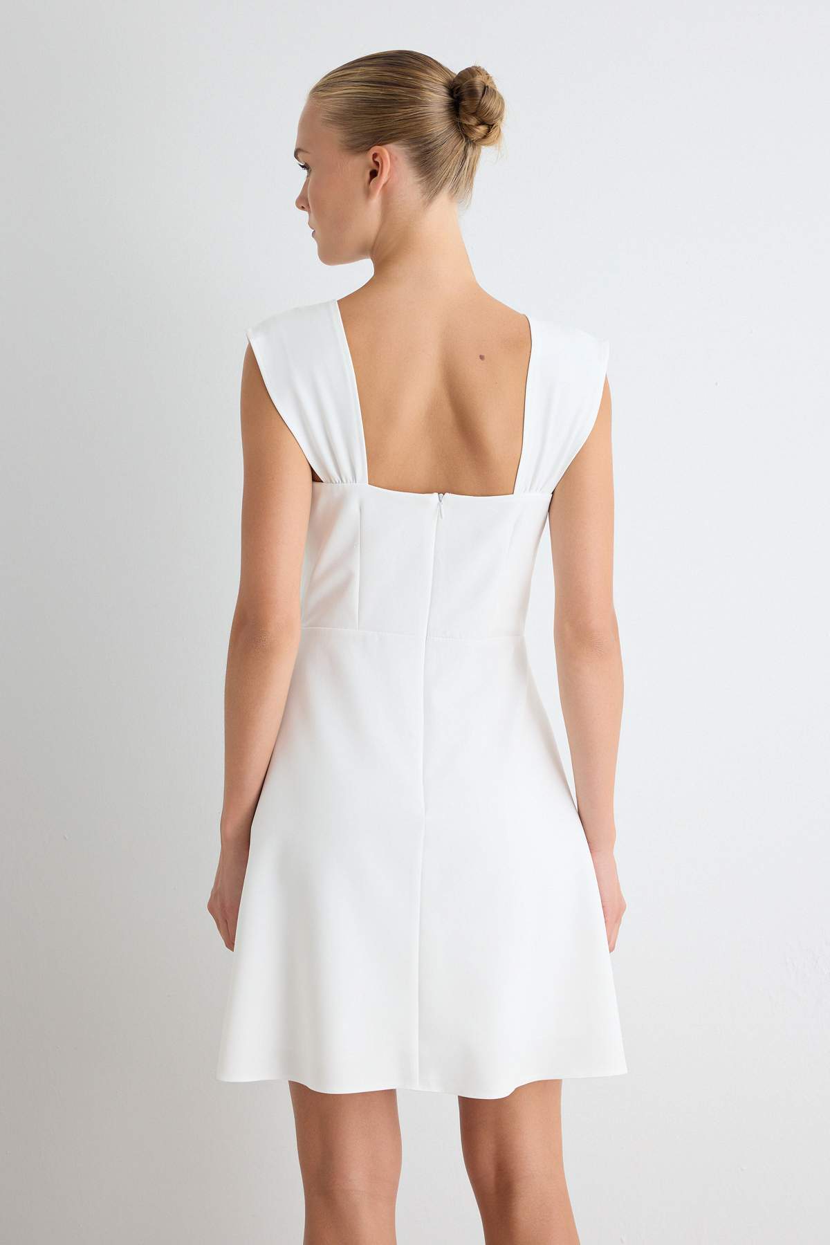 Square Neck Stone Embellished Short Sleeve A-Line Mini Dress