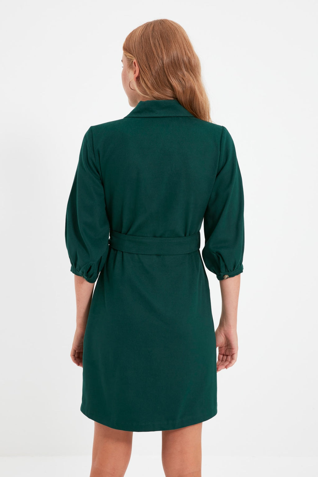 Belted Button Detail Long Sleeve Mini Shirt Dress