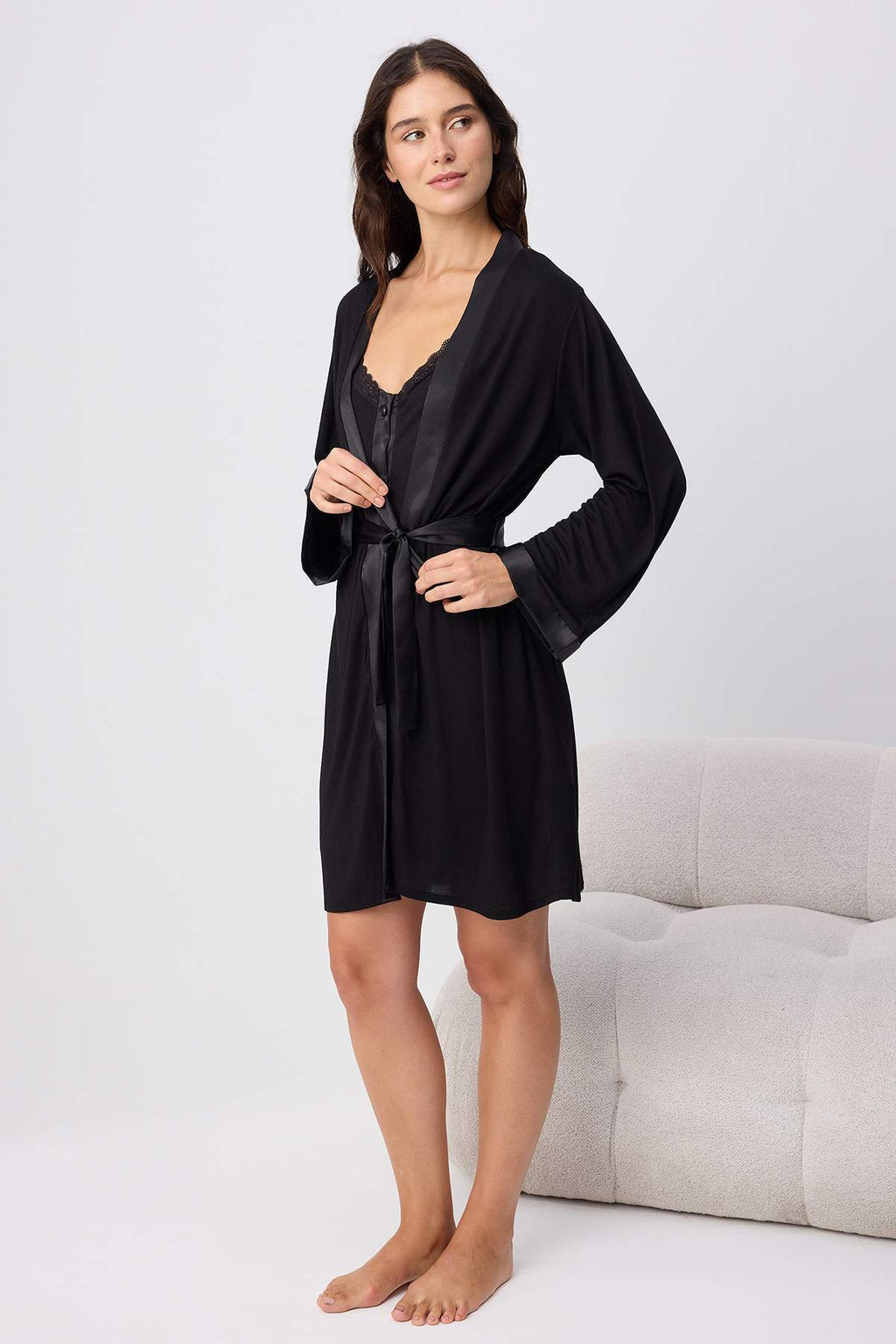 Lace and Satin Detail V Neck Strappy 4 Piece Pyjama Set