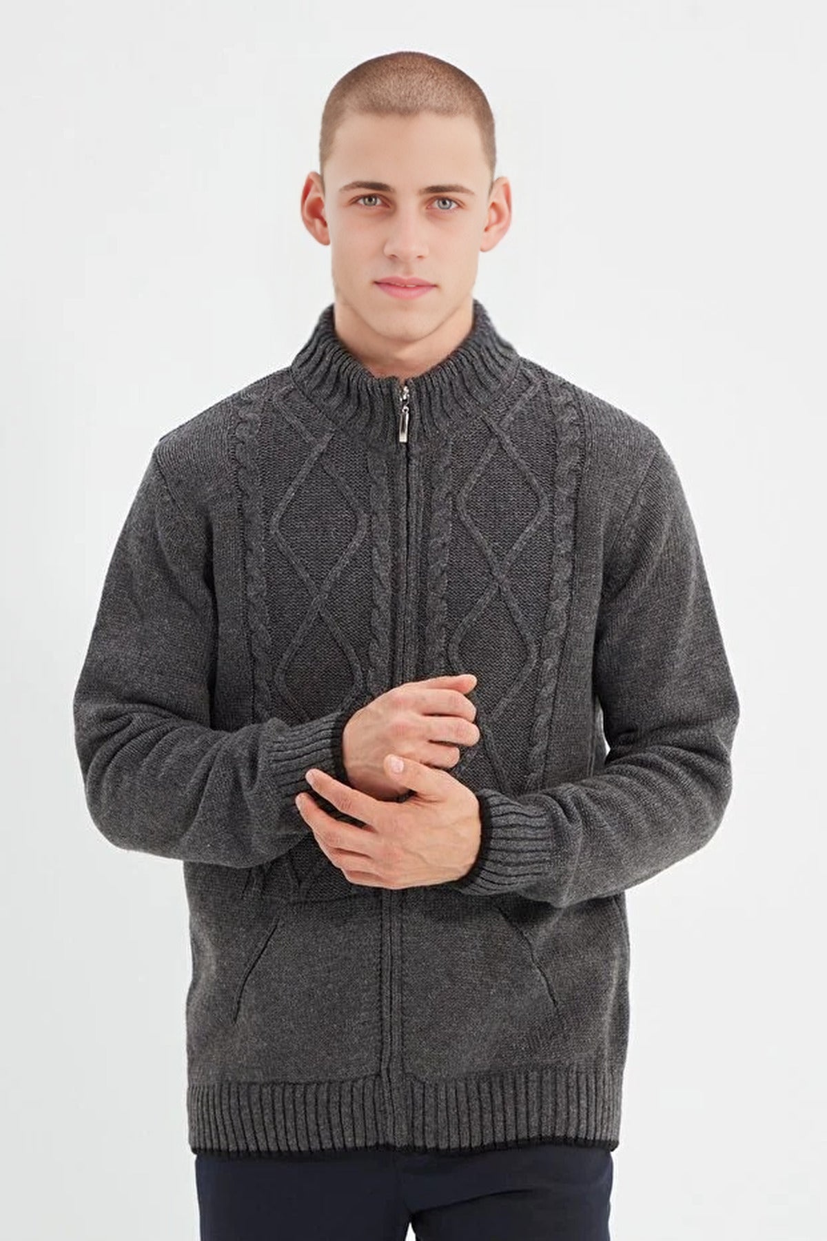 Slim Fit Knit Cardigan with Zipper and Pocket
