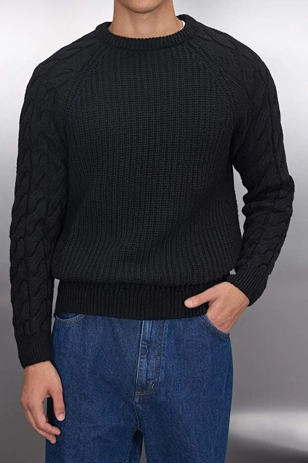 Regular Fit Woolen Crew Neck Knit Sweater with Hair Knitting Detail