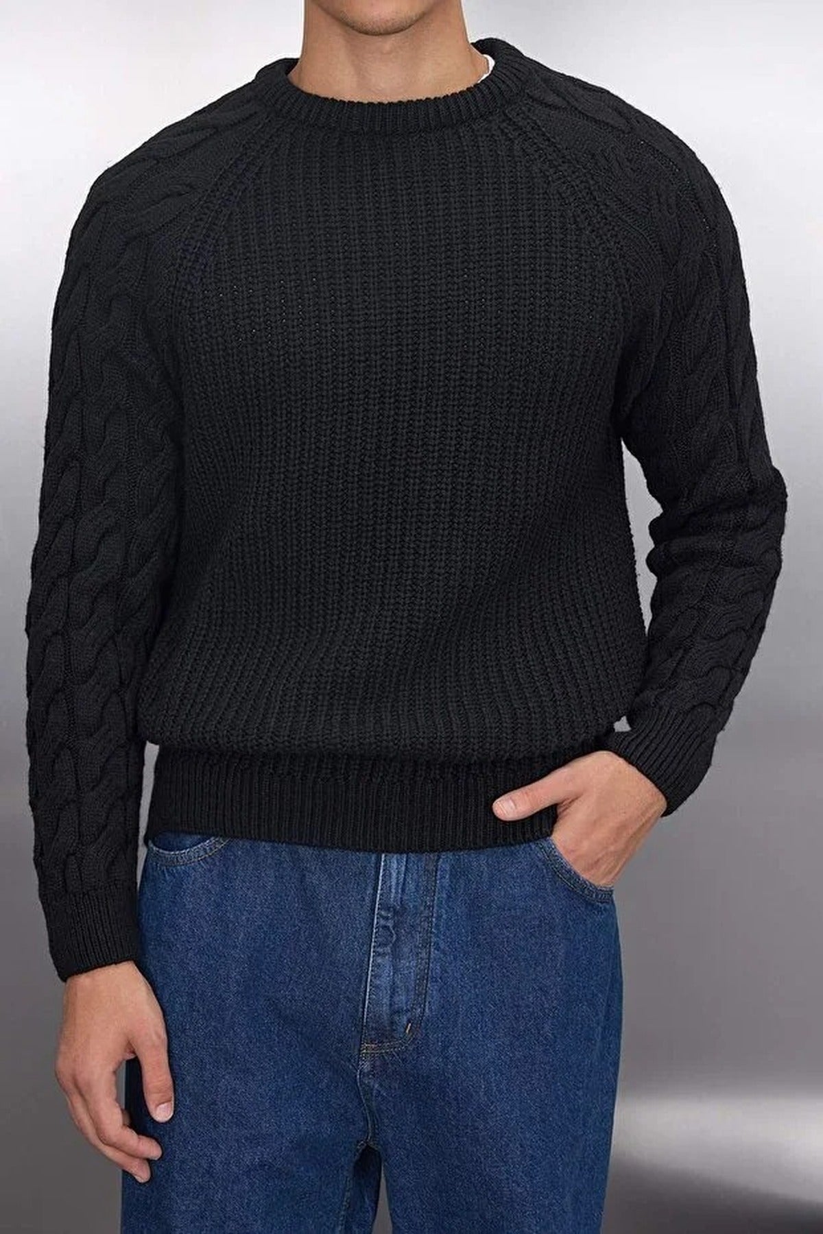 Regular Fit Woolen Crew Neck Knit Sweater with Hair Knitting Detail