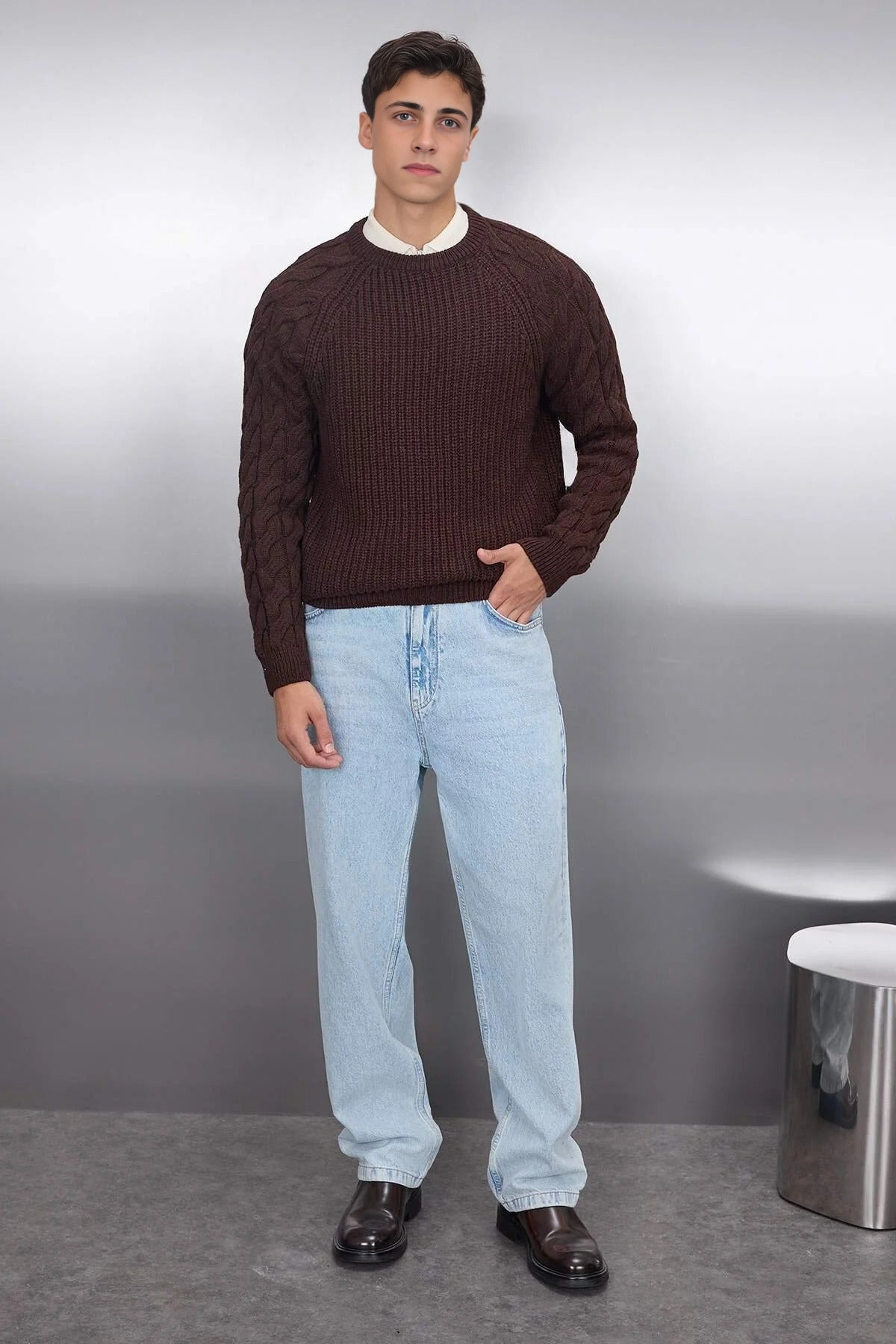 Regular Fit Woolen Crew Neck Knit Sweater with Hair Knitting Detail