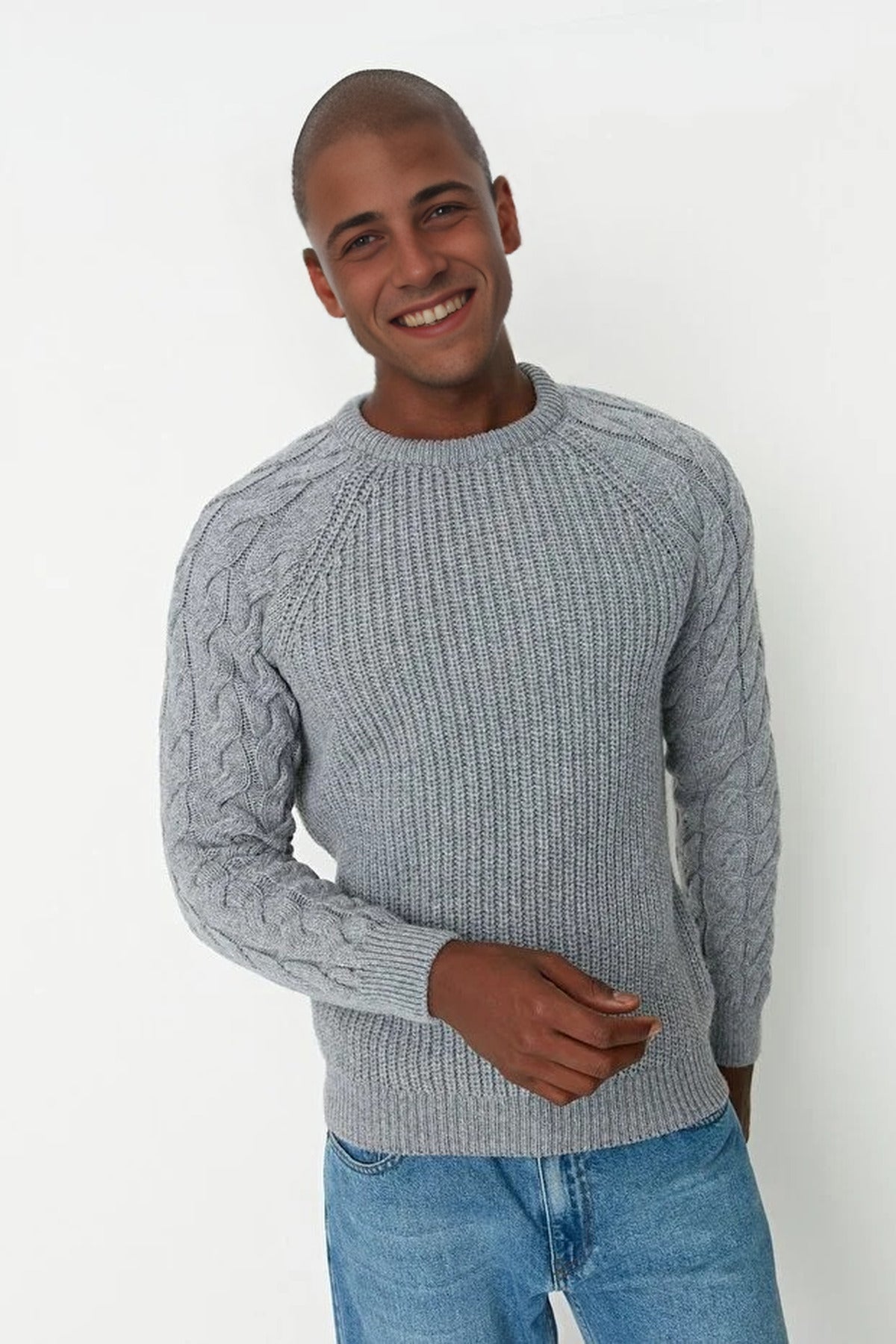 Regular Fit Woolen Crew Neck Knit Sweater with Hair Knitting Detail