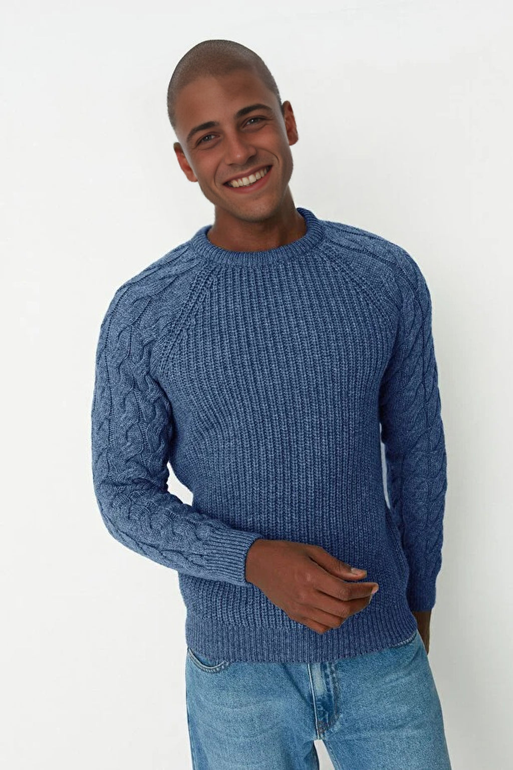Regular Fit Woolen Crew Neck Knit Sweater with Hair Knitting Detail