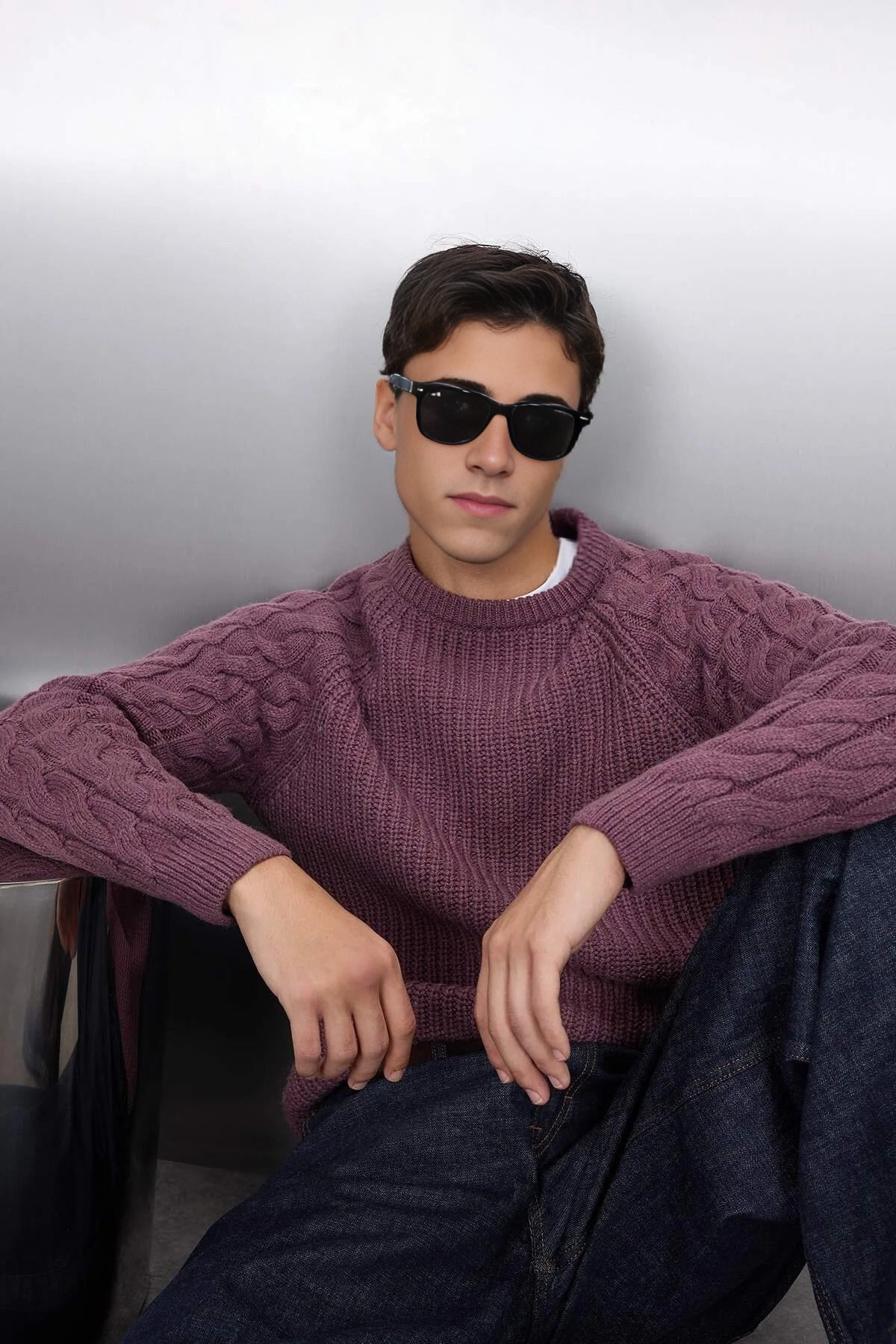 Regular Fit Woolen Crew Neck Knit Sweater with Hair Knitting Detail