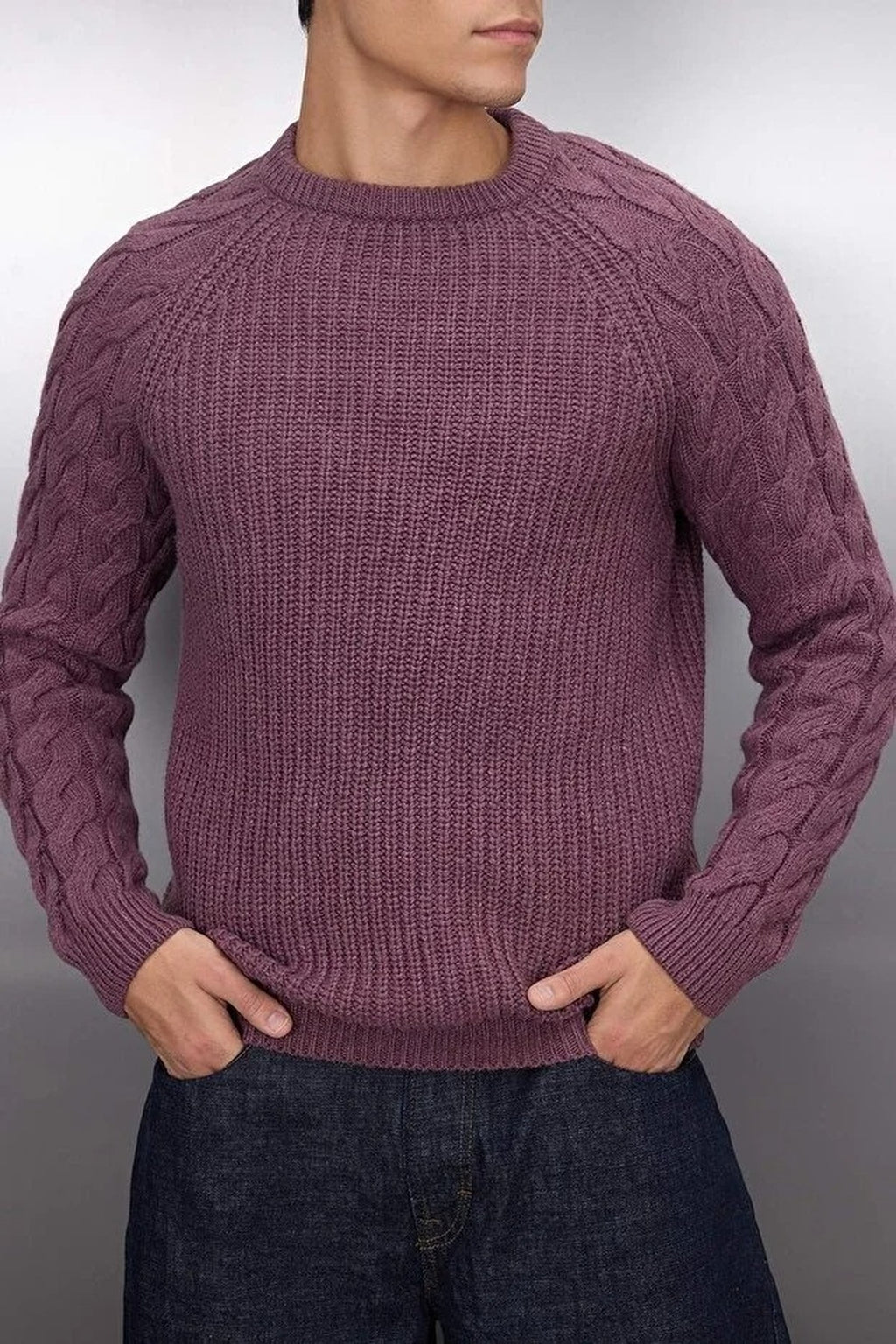 Regular Fit Woolen Crew Neck Knit Sweater with Hair Knitting Detail
