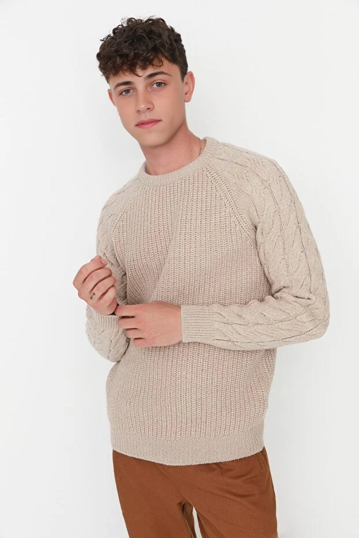 Regular Fit Woolen Crew Neck Knit Sweater with Hair Knitting Detail