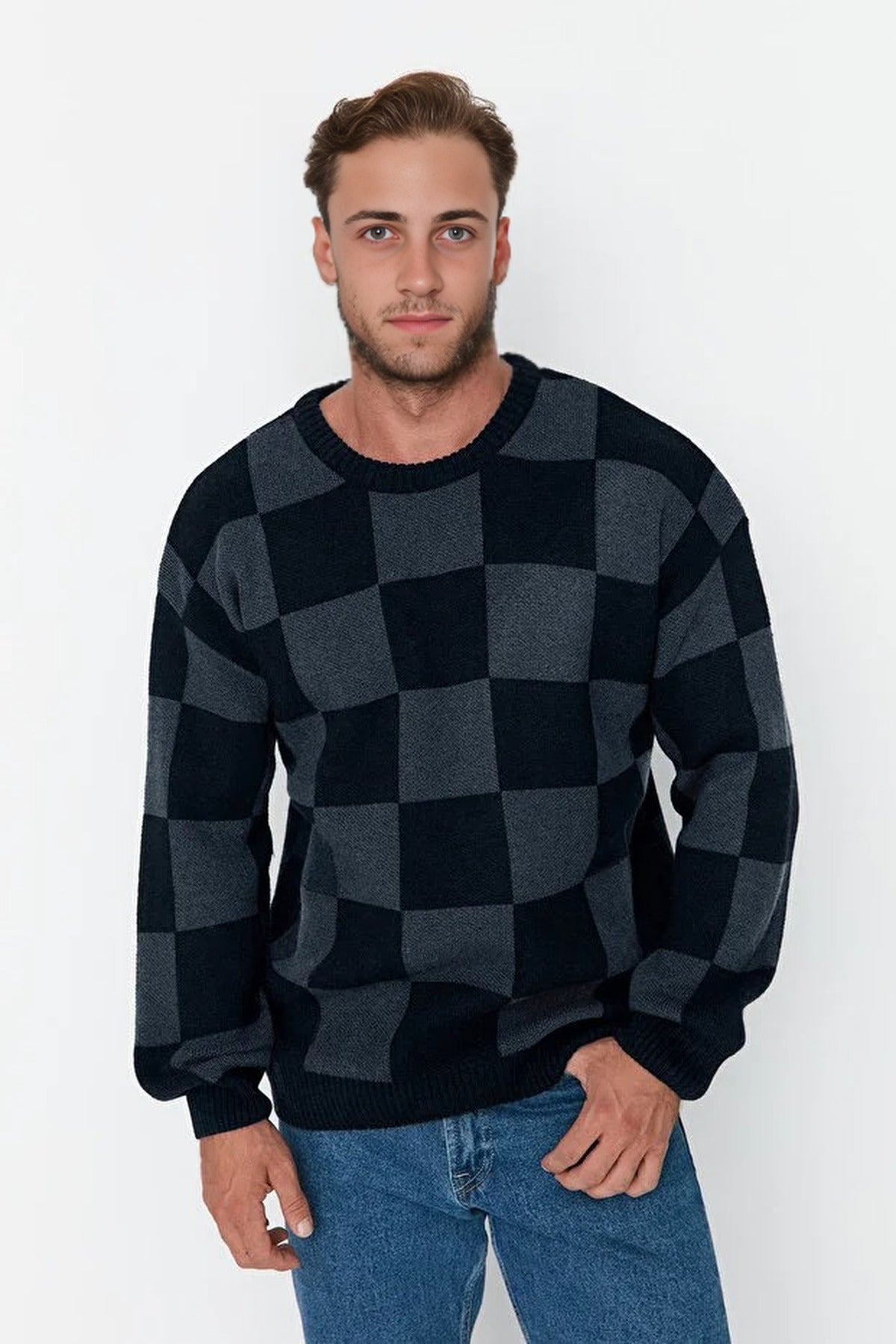 Crew Neck Checked Knit Sweater