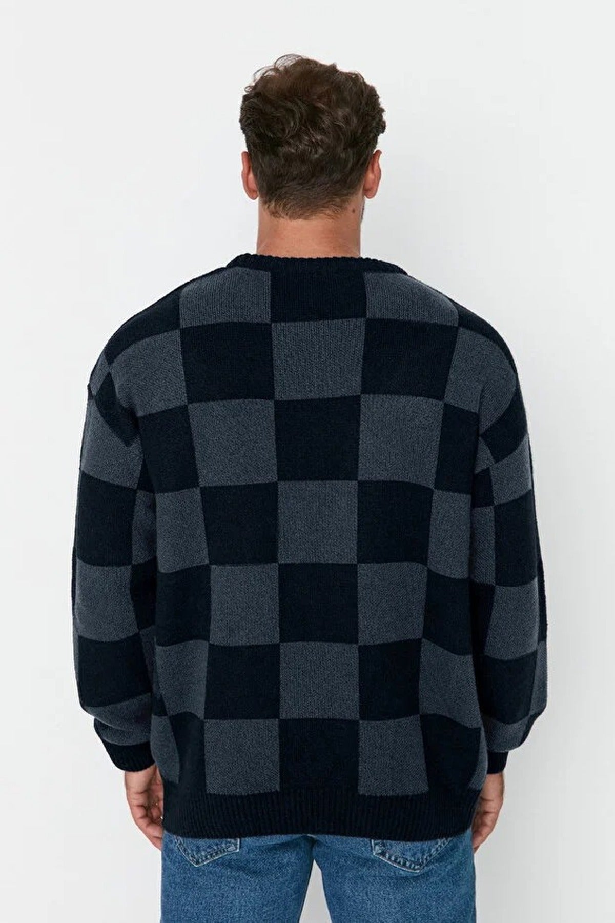 Crew Neck Checked Knit Sweater