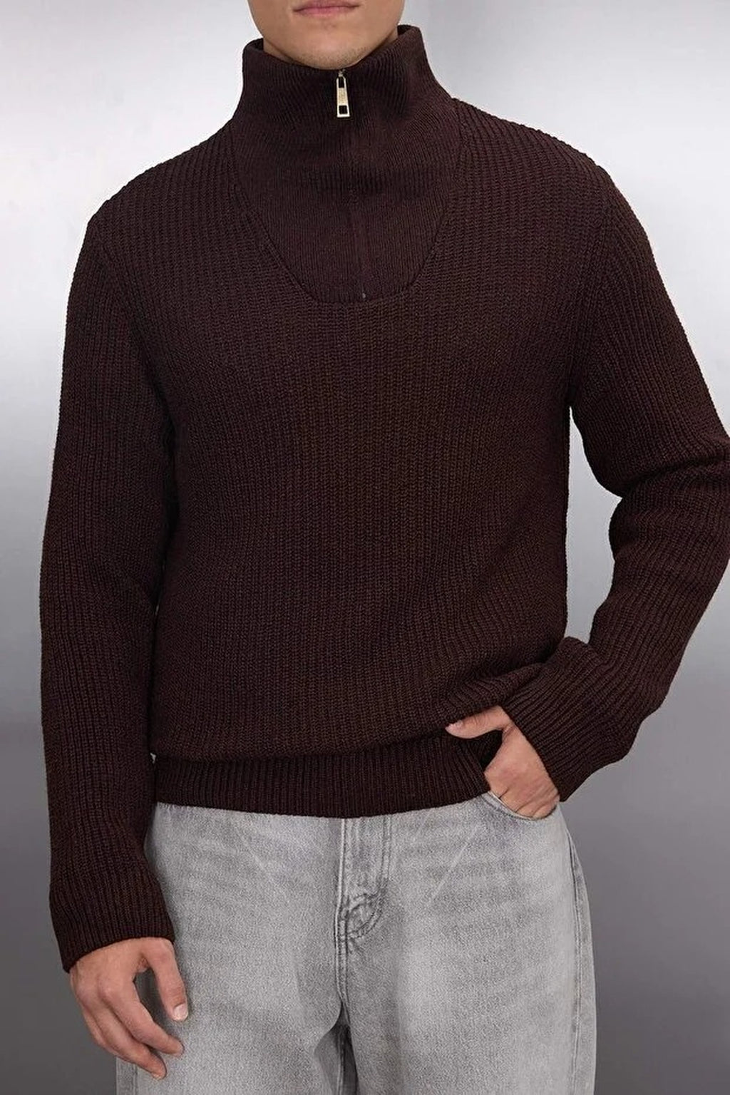 Regular Woolen Zippered Turtleneck Knit Sweater