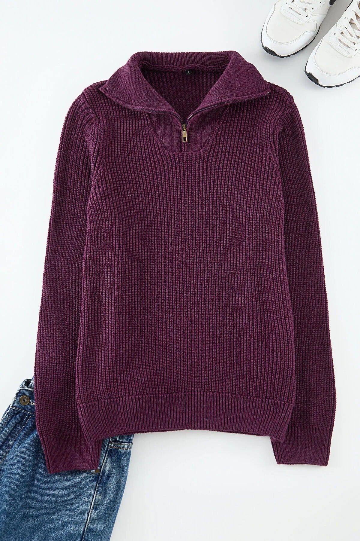 Regular Woolen Zippered Turtleneck Knit Sweater