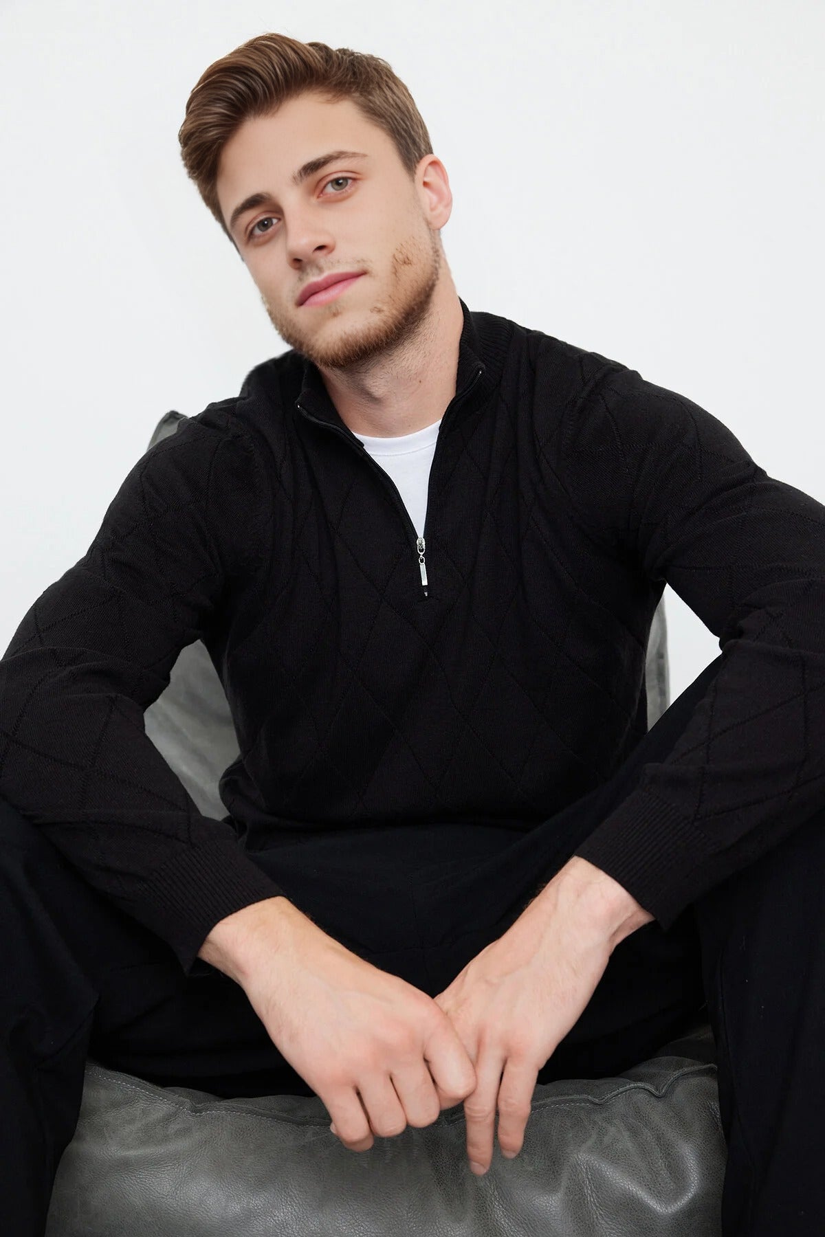 Slim Fit Half Turtleneck Zippered Collar Knit Sweater