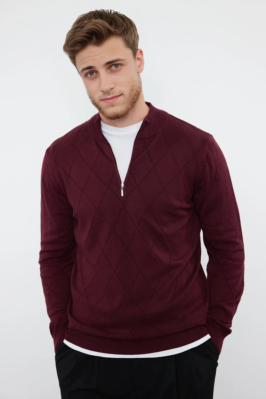 Slim Fit Half Turtleneck Zippered Collar Knit Sweater