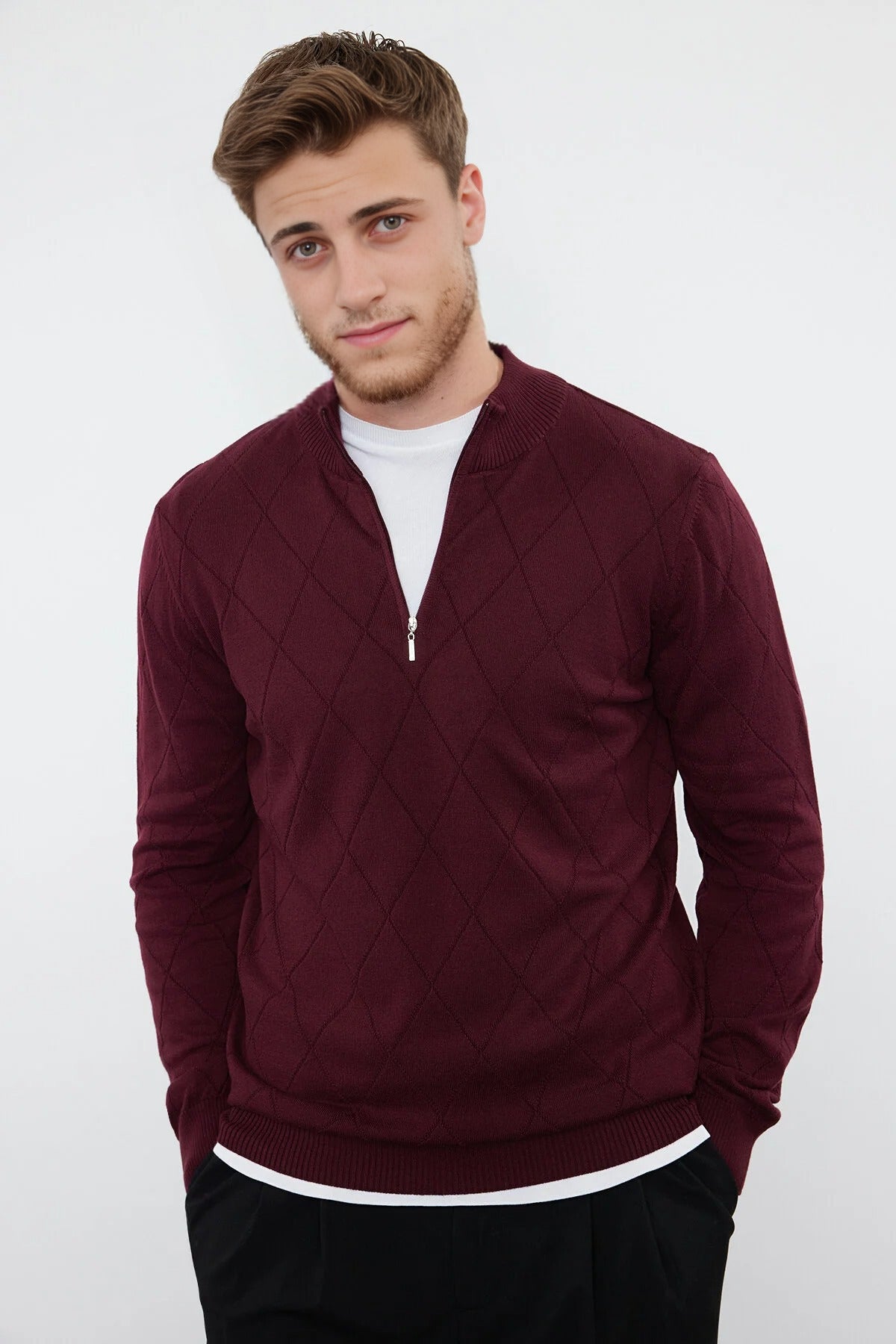 Slim Fit Half Turtleneck Zippered Collar Knit Sweater